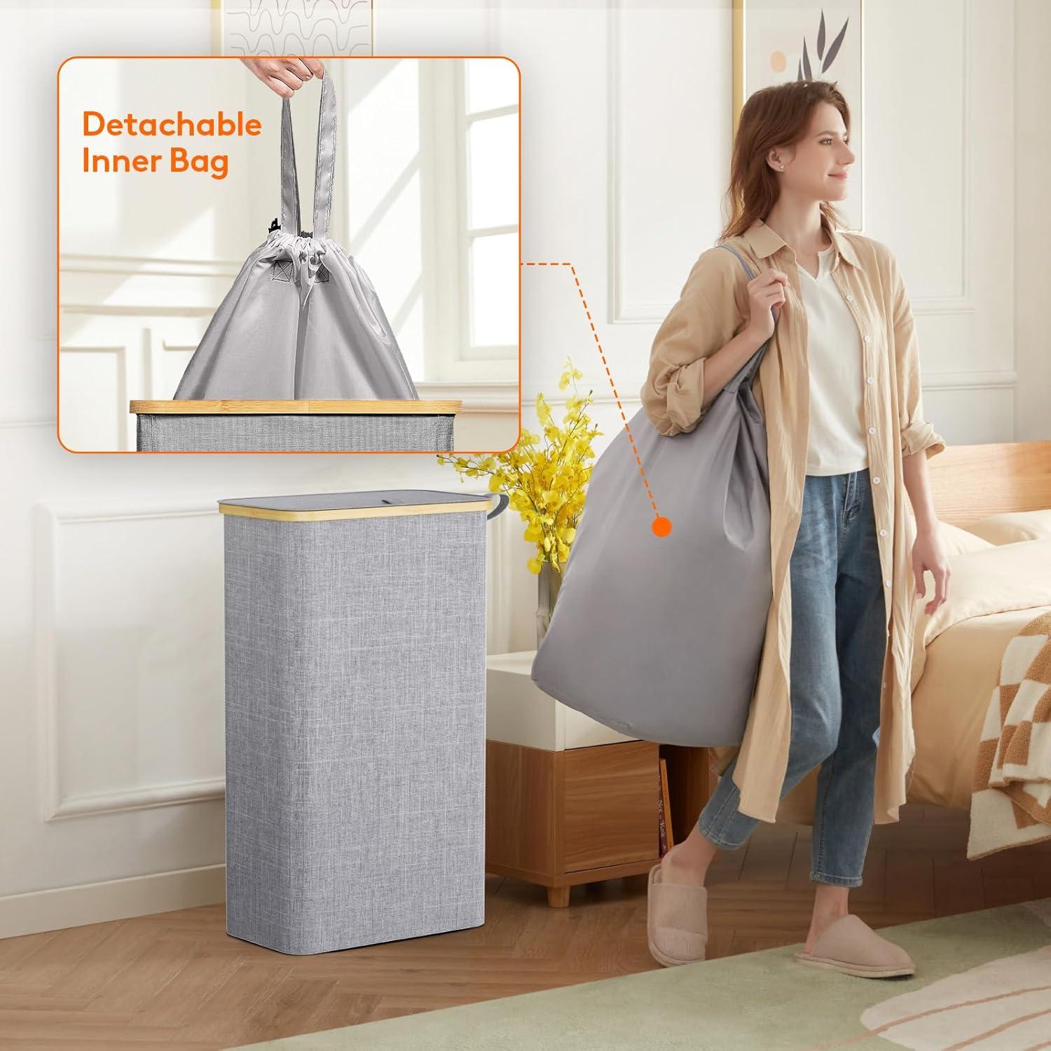 image:imageLifewit 65L Slim Laundry Hamper with Lid Narrow Laundry Basket with Removable Bag amp Bamboo Handles Fodable Thin Dirty Clothes Hamper for Laundry Collapsible Bin for Bathroom Bedroom Dorm Dark GrayGray