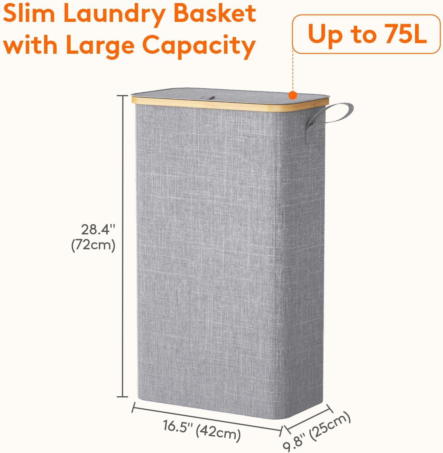 image:imageLifewit 65L Slim Laundry Hamper with Lid Narrow Laundry Basket with Removable Bag amp Bamboo Handles Fodable Thin Dirty Clothes Hamper for Laundry Collapsible Bin for Bathroom Bedroom Dorm Dark GrayGray