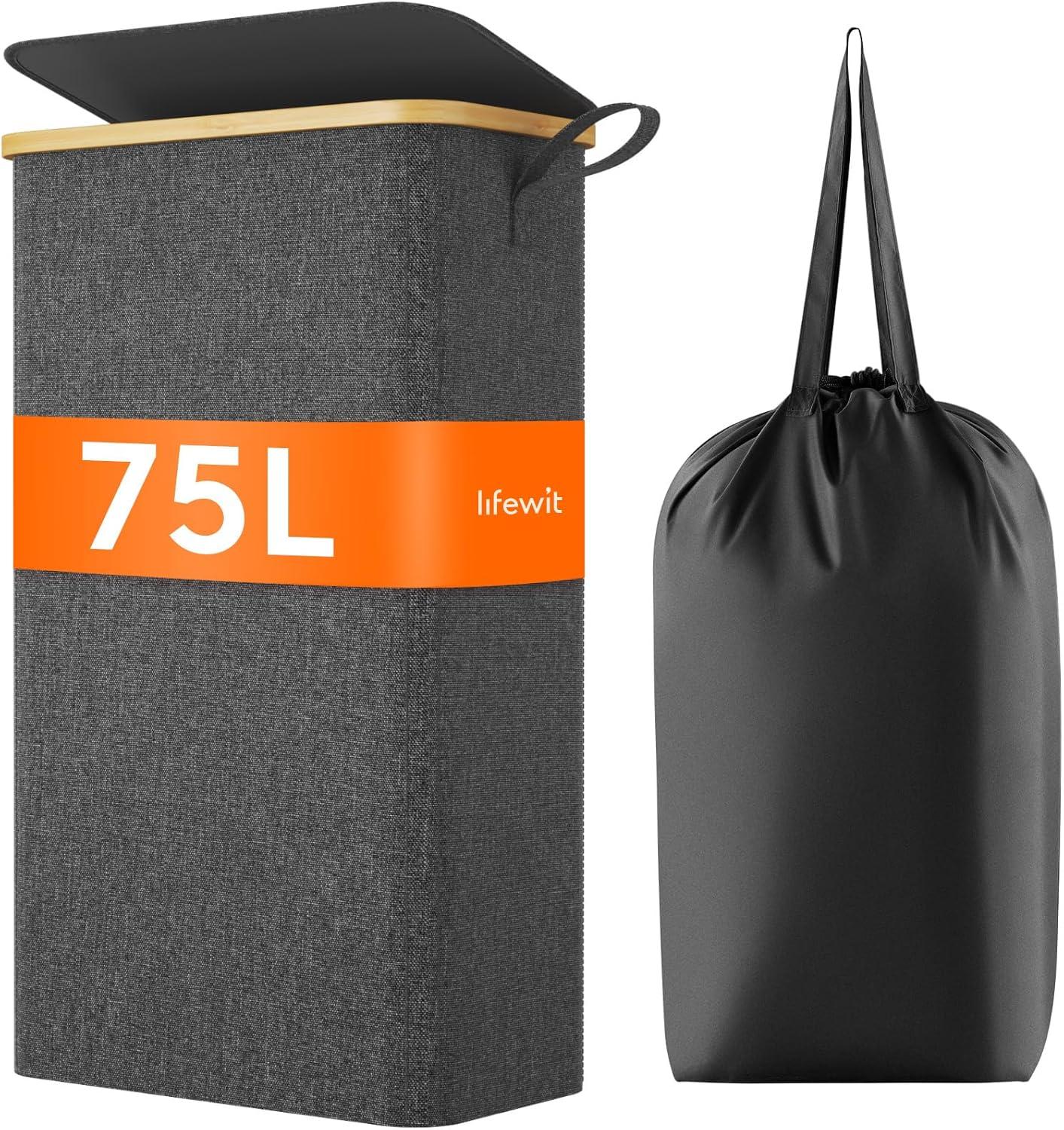image:imageLifewit 65L Slim Laundry Hamper with Lid Narrow Laundry Basket with Removable Bag amp Bamboo Handles Fodable Thin Dirty Clothes Hamper for Laundry Collapsible Bin for Bathroom Bedroom Dorm Dark GrayDark Gray