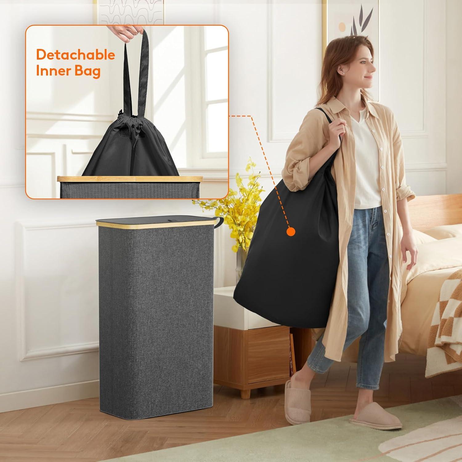 image:imageLifewit 65L Slim Laundry Hamper with Lid Narrow Laundry Basket with Removable Bag amp Bamboo Handles Fodable Thin Dirty Clothes Hamper for Laundry Collapsible Bin for Bathroom Bedroom Dorm Dark GrayDark Gray