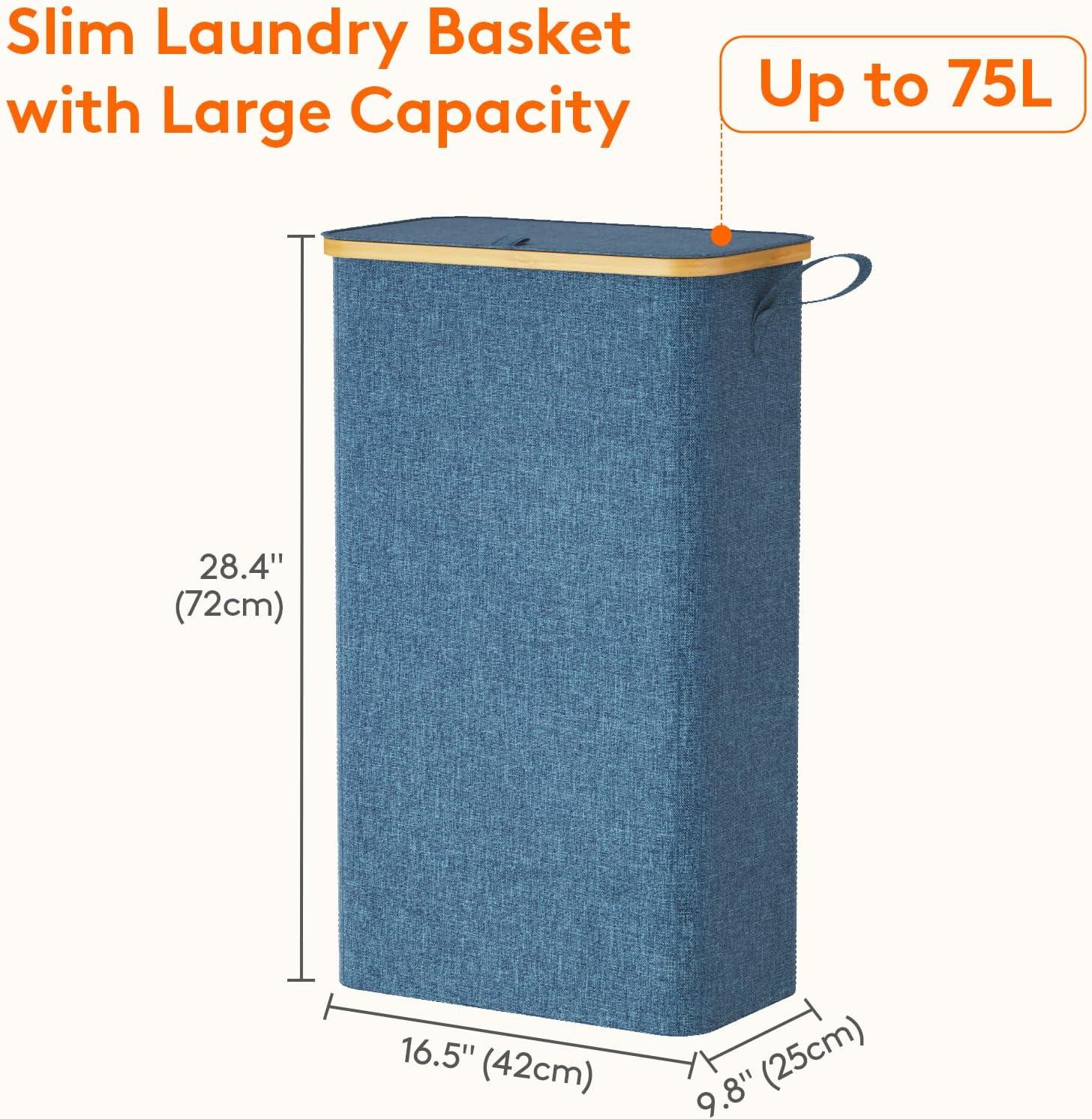 image:imageLifewit 65L Slim Laundry Hamper with Lid Narrow Laundry Basket with Removable Bag amp Bamboo Handles Fodable Thin Dirty Clothes Hamper for Laundry Collapsible Bin for Bathroom Bedroom Dorm Dark GrayDark Blue