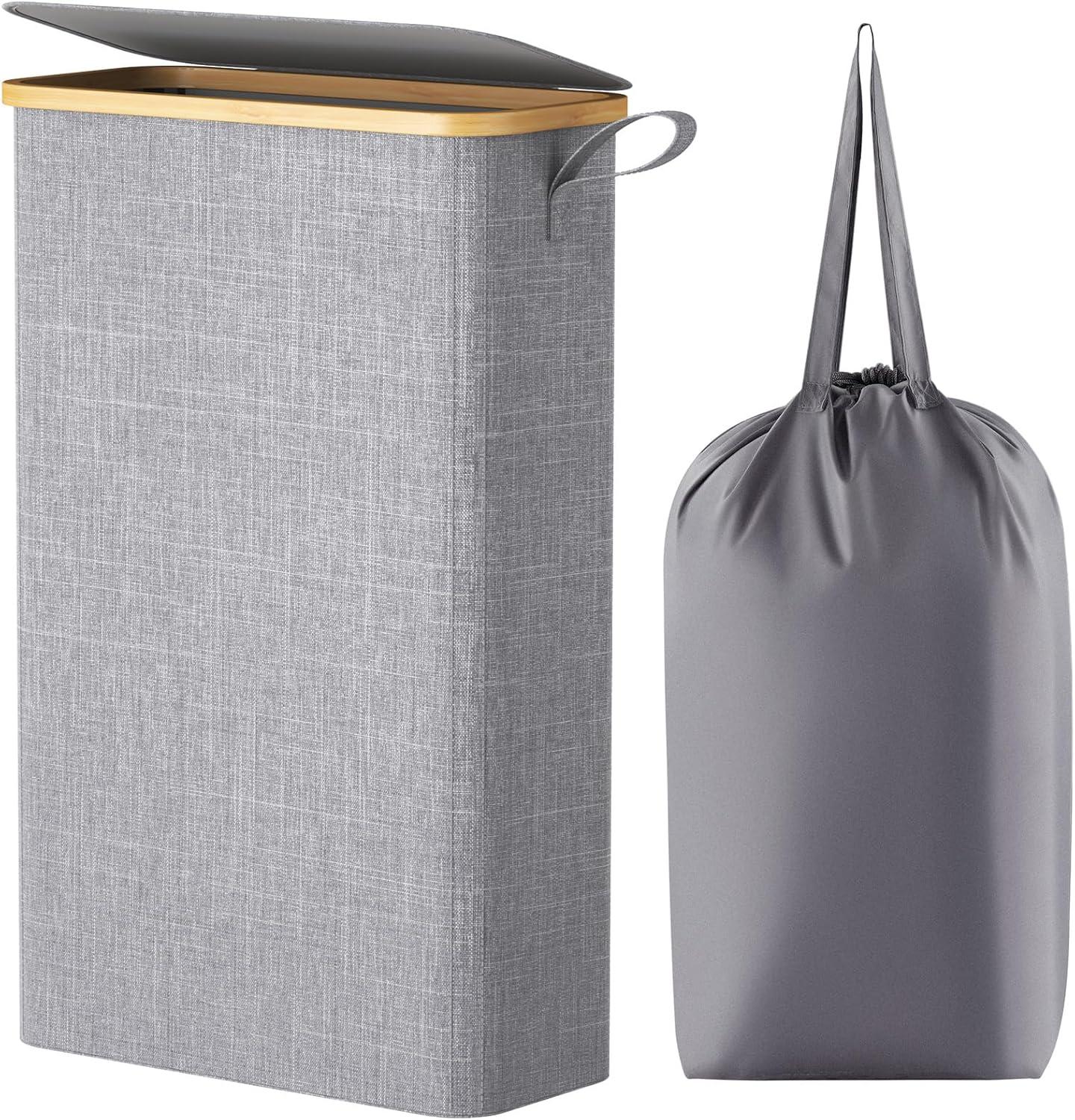 image:imageLifewit 65L Slim Laundry Hamper with Lid Narrow Laundry Basket with Removable Bag amp Bamboo Handles Fodable Thin Dirty Clothes Hamper for Laundry Collapsible Bin for Bathroom Bedroom Dorm Dark GrayGray