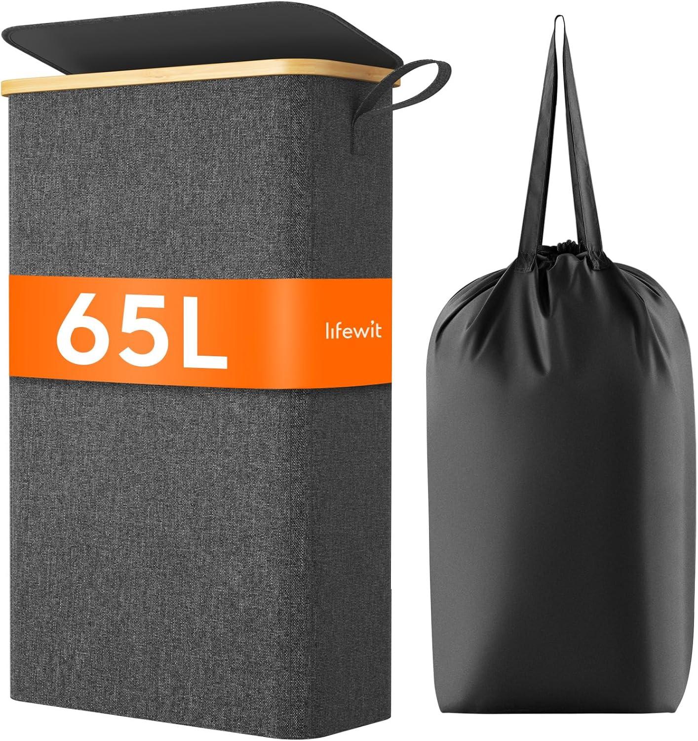 image:imageLifewit 65L Slim Laundry Hamper with Lid Narrow Laundry Basket with Removable Bag amp Bamboo Handles Fodable Thin Dirty Clothes Hamper for Laundry Collapsible Bin for Bathroom Bedroom Dorm Dark GrayDark Gray