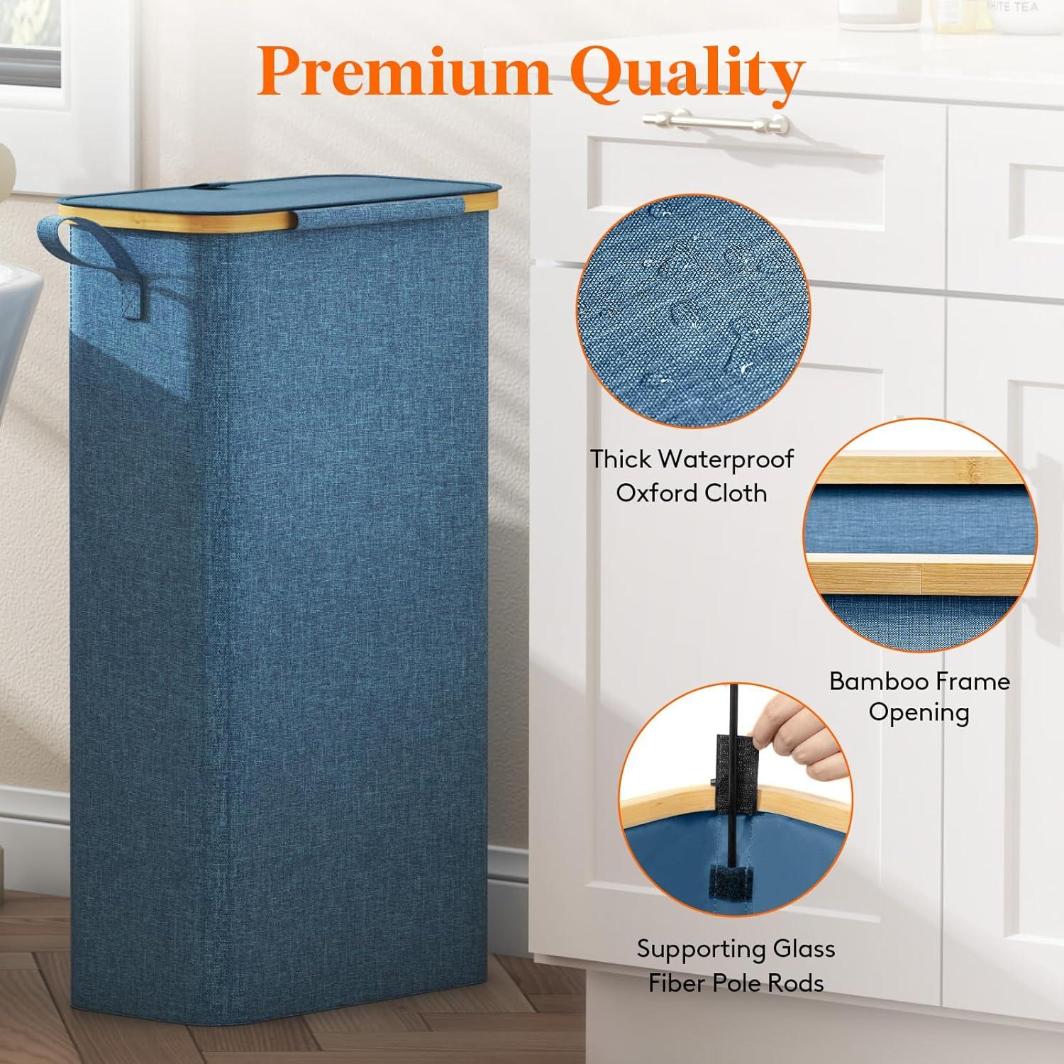 image:imageLifewit 65L Slim Laundry Hamper with Lid Narrow Laundry Basket with Removable Bag amp Bamboo Handles Fodable Thin Dirty Clothes Hamper for Laundry Collapsible Bin for Bathroom Bedroom Dorm Dark GrayDark Blue