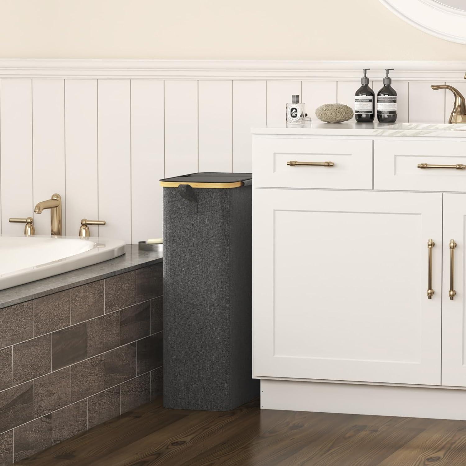 image:imageLifewit 65L Slim Laundry Hamper with Lid Narrow Laundry Basket with Removable Bag amp Bamboo Handles Fodable Thin Dirty Clothes Hamper for Laundry Collapsible Bin for Bathroom Bedroom Dorm Dark GrayDark Gray