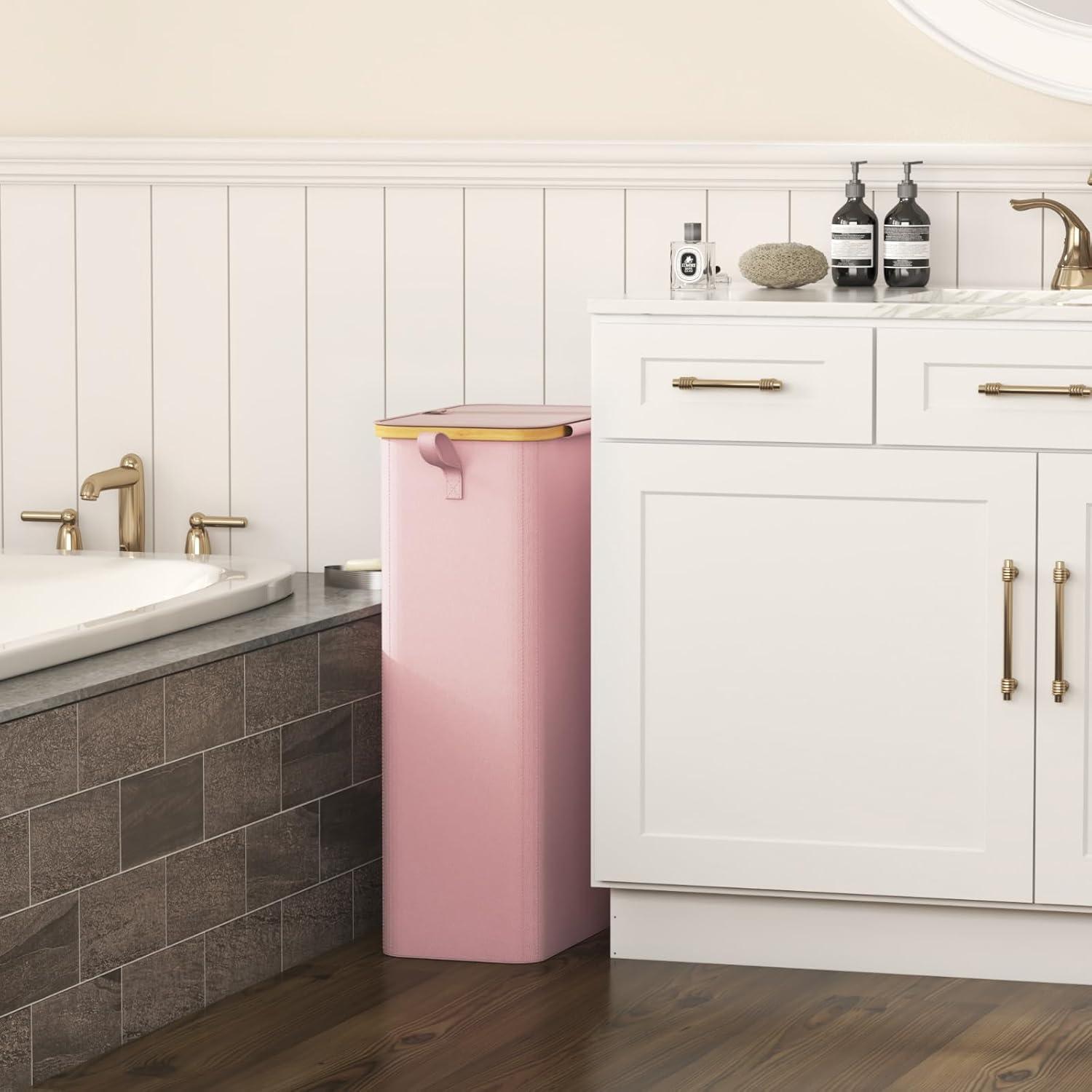 image:imageLifewit 65L Slim Laundry Hamper with Lid Narrow Laundry Basket with Removable Bag amp Bamboo Handles Fodable Thin Dirty Clothes Hamper for Laundry Collapsible Bin for Bathroom Bedroom Dorm Dark GrayPink