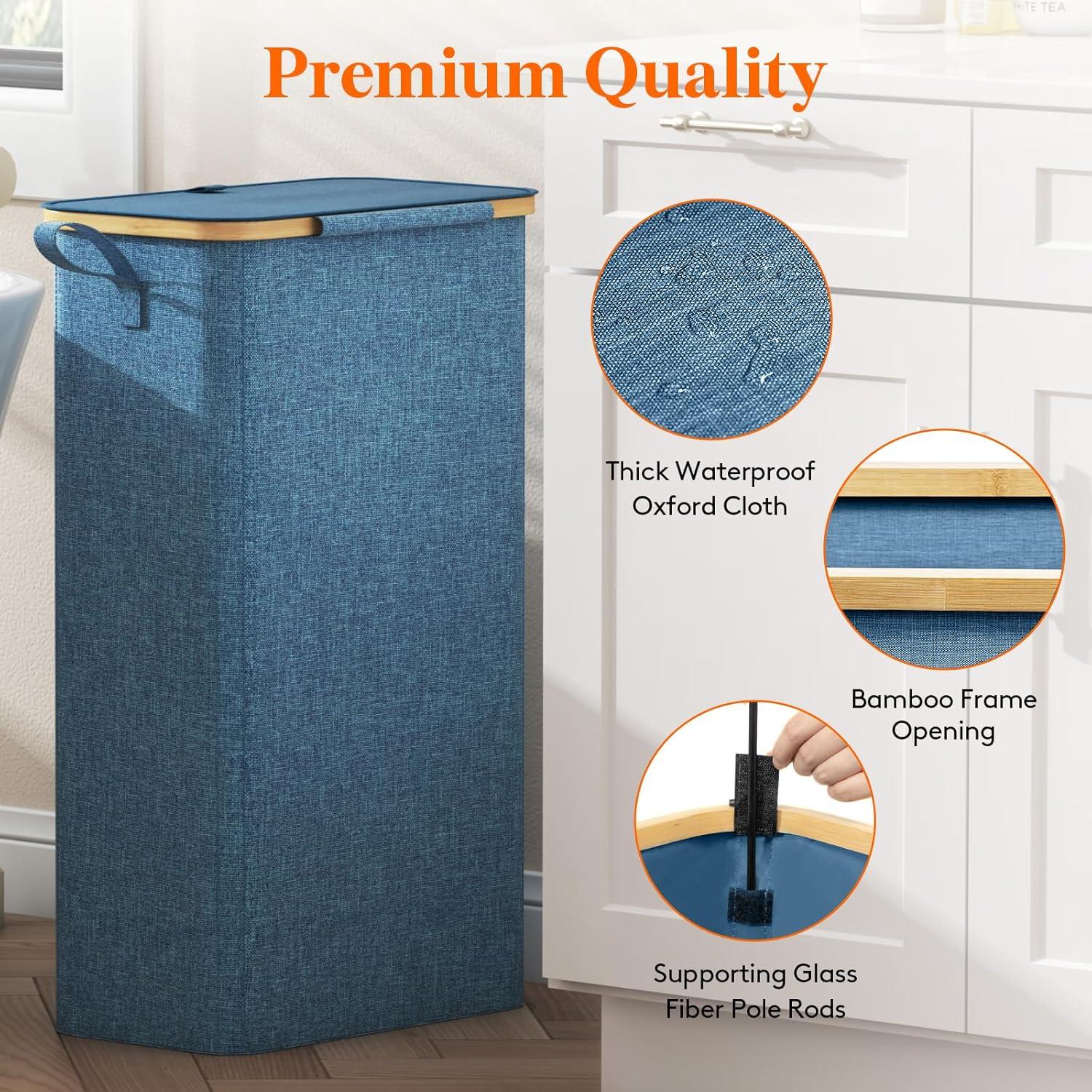 image:imageLifewit 65L Slim Laundry Hamper with Lid Narrow Laundry Basket with Removable Bag amp Bamboo Handles Fodable Thin Dirty Clothes Hamper for Laundry Collapsible Bin for Bathroom Bedroom Dorm Dark GrayDark Blue