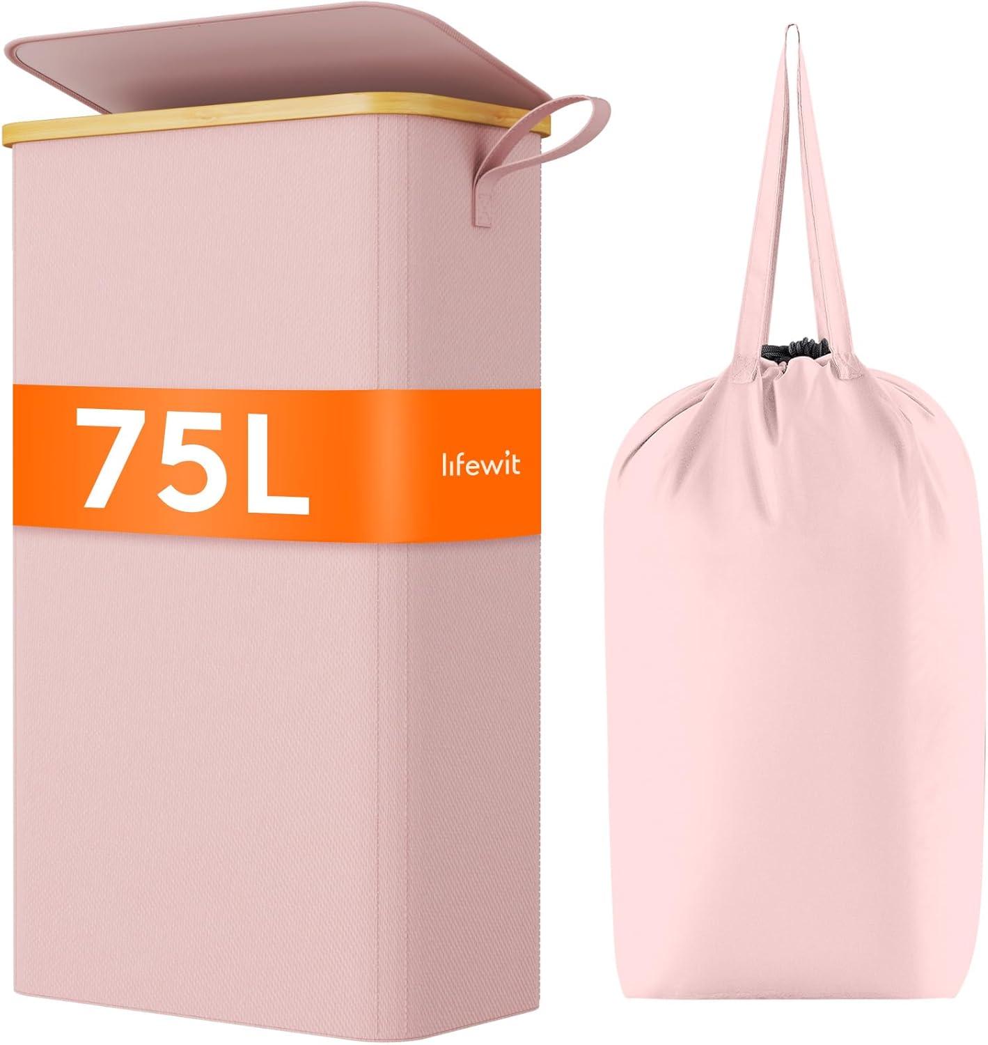 image:imageLifewit 65L Slim Laundry Hamper with Lid Narrow Laundry Basket with Removable Bag amp Bamboo Handles Fodable Thin Dirty Clothes Hamper for Laundry Collapsible Bin for Bathroom Bedroom Dorm Dark GrayPink