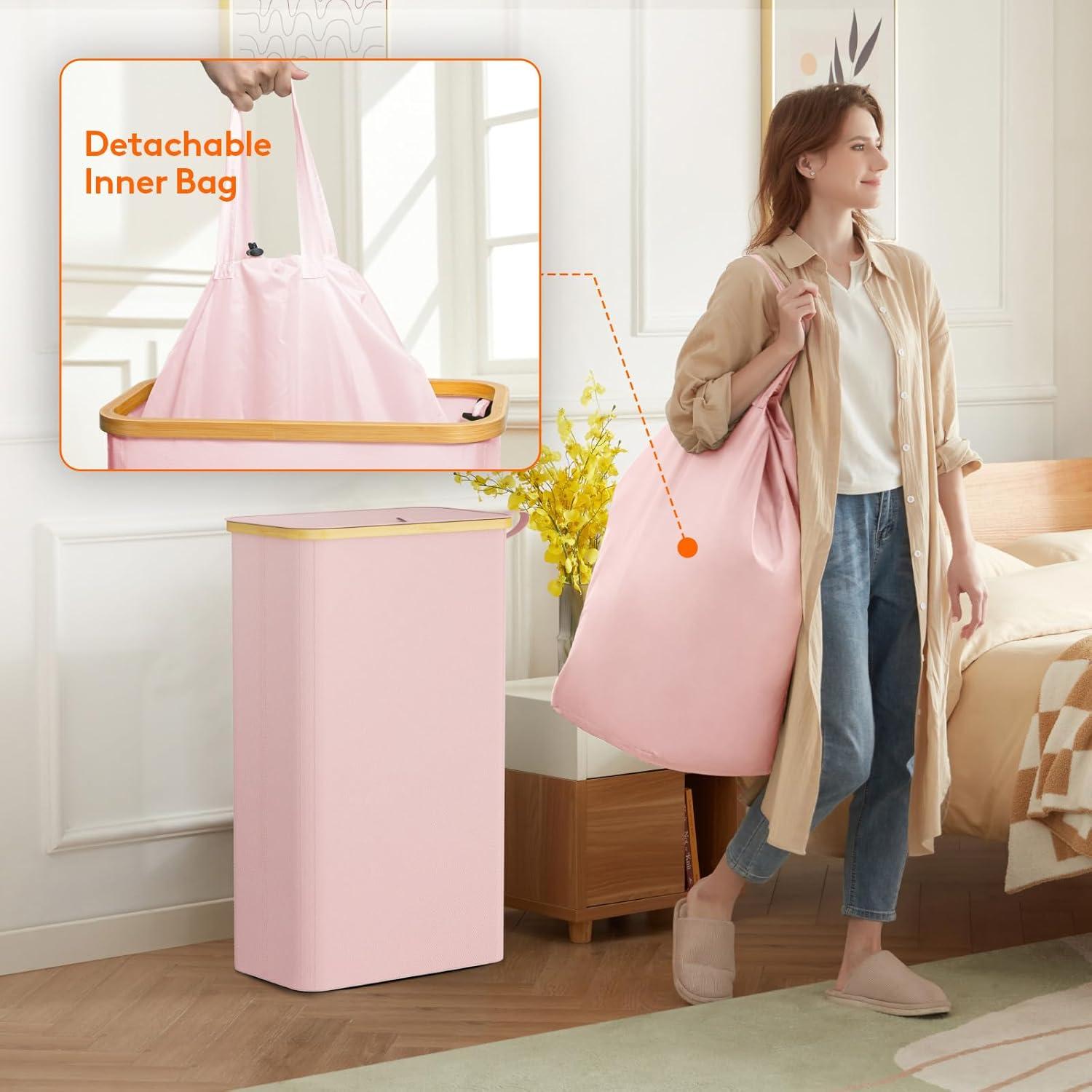 image:imageLifewit 65L Slim Laundry Hamper with Lid Narrow Laundry Basket with Removable Bag amp Bamboo Handles Fodable Thin Dirty Clothes Hamper for Laundry Collapsible Bin for Bathroom Bedroom Dorm Dark GrayPink