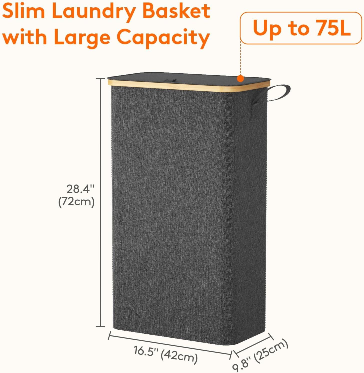 image:imageLifewit 65L Slim Laundry Hamper with Lid Narrow Laundry Basket with Removable Bag amp Bamboo Handles Fodable Thin Dirty Clothes Hamper for Laundry Collapsible Bin for Bathroom Bedroom Dorm Dark GrayDark Gray