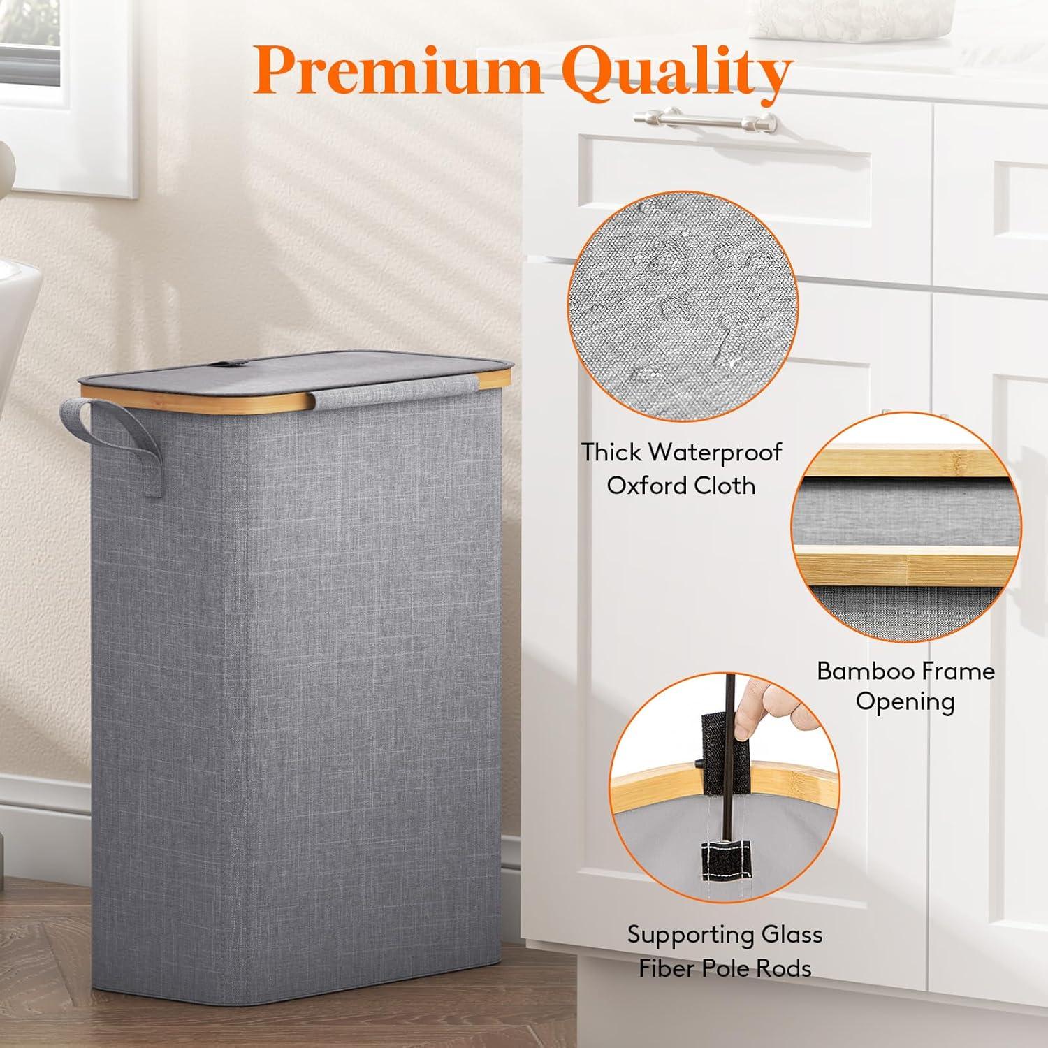 image:imageLifewit 65L Slim Laundry Hamper with Lid Narrow Laundry Basket with Removable Bag amp Bamboo Handles Fodable Thin Dirty Clothes Hamper for Laundry Collapsible Bin for Bathroom Bedroom Dorm Dark GrayGray