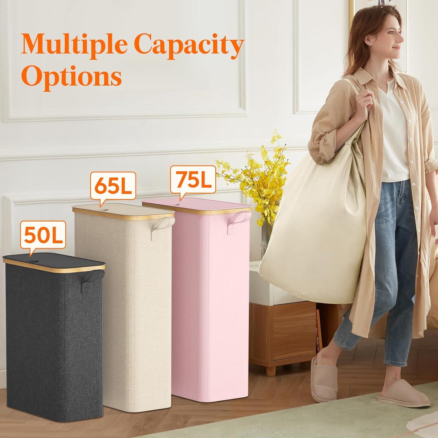 image:imageLifewit 65L Slim Laundry Hamper with Lid Narrow Laundry Basket with Removable Bag amp Bamboo Handles Fodable Thin Dirty Clothes Hamper for Laundry Collapsible Bin for Bathroom Bedroom Dorm Dark GrayPink