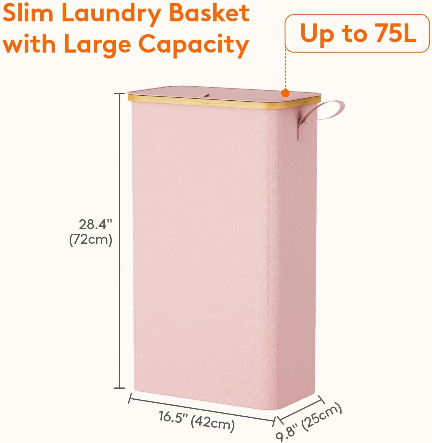 image:imageLifewit 65L Slim Laundry Hamper with Lid Narrow Laundry Basket with Removable Bag amp Bamboo Handles Fodable Thin Dirty Clothes Hamper for Laundry Collapsible Bin for Bathroom Bedroom Dorm Dark GrayPink