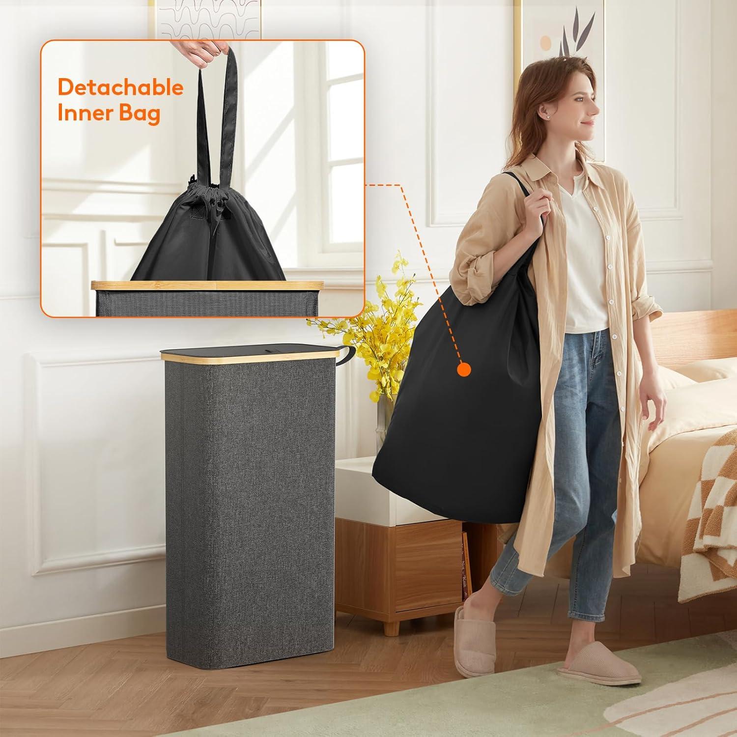 image:imageLifewit 65L Slim Laundry Hamper with Lid Narrow Laundry Basket with Removable Bag amp Bamboo Handles Fodable Thin Dirty Clothes Hamper for Laundry Collapsible Bin for Bathroom Bedroom Dorm Dark GrayDark Gray