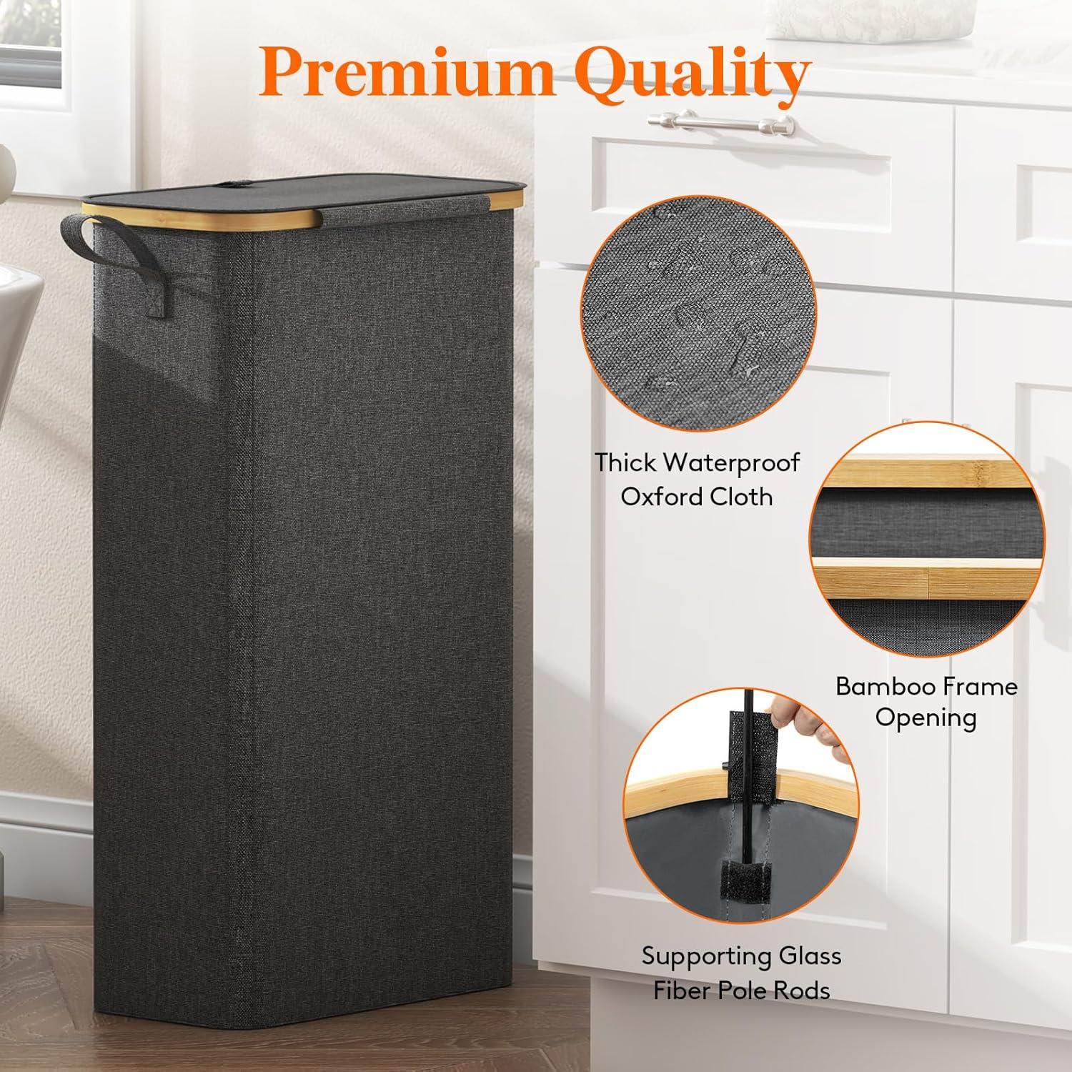 image:imageLifewit 65L Slim Laundry Hamper with Lid Narrow Laundry Basket with Removable Bag amp Bamboo Handles Fodable Thin Dirty Clothes Hamper for Laundry Collapsible Bin for Bathroom Bedroom Dorm Dark GrayDark Gray