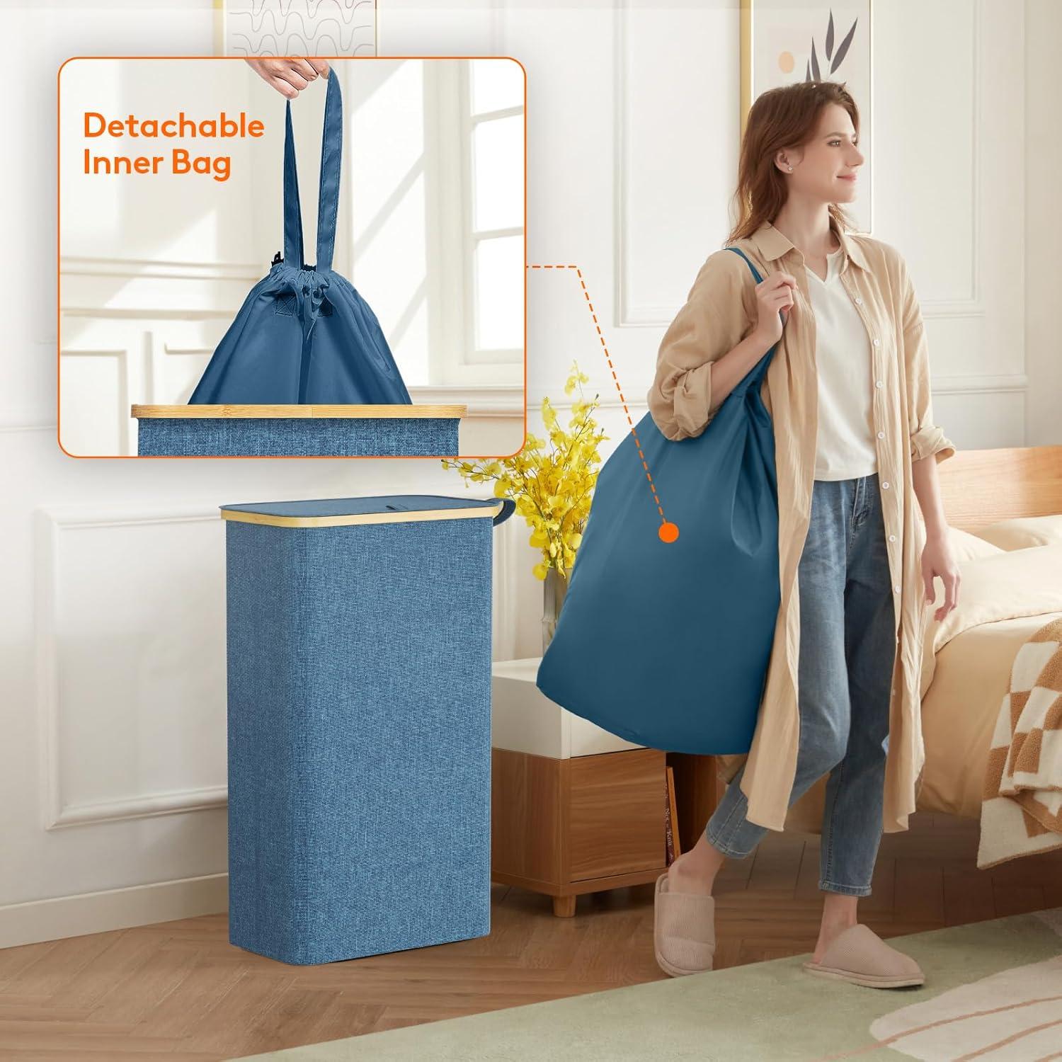image:imageLifewit 65L Slim Laundry Hamper with Lid Narrow Laundry Basket with Removable Bag amp Bamboo Handles Fodable Thin Dirty Clothes Hamper for Laundry Collapsible Bin for Bathroom Bedroom Dorm Dark GrayDark Blue