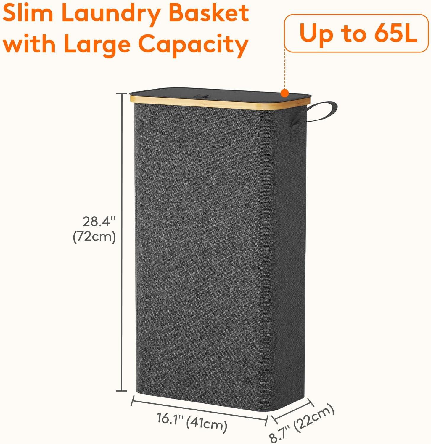 image:imageLifewit 65L Slim Laundry Hamper with Lid Narrow Laundry Basket with Removable Bag amp Bamboo Handles Fodable Thin Dirty Clothes Hamper for Laundry Collapsible Bin for Bathroom Bedroom Dorm Dark GrayDark Gray