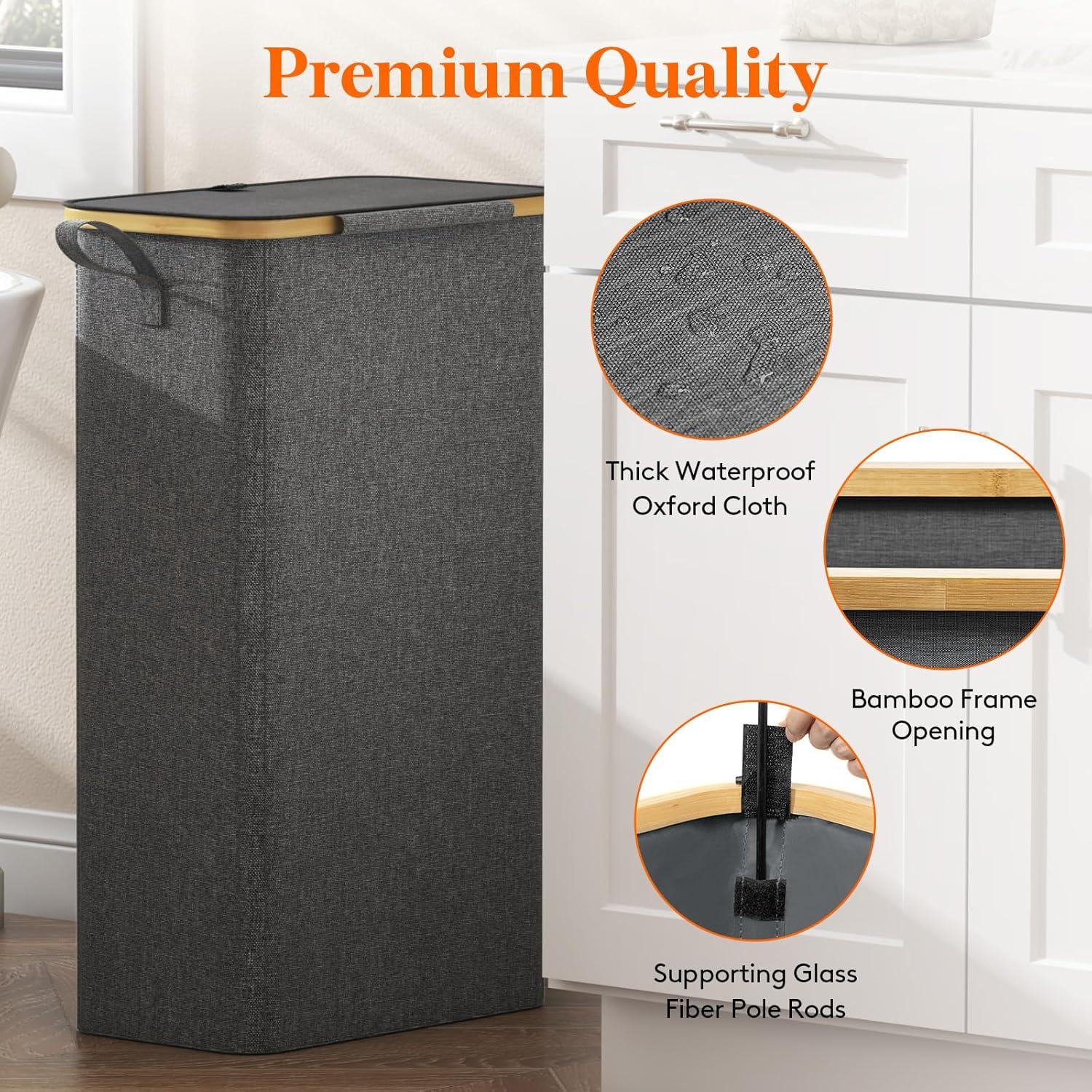 image:imageLifewit 65L Slim Laundry Hamper with Lid Narrow Laundry Basket with Removable Bag amp Bamboo Handles Fodable Thin Dirty Clothes Hamper for Laundry Collapsible Bin for Bathroom Bedroom Dorm Dark GrayDark Gray