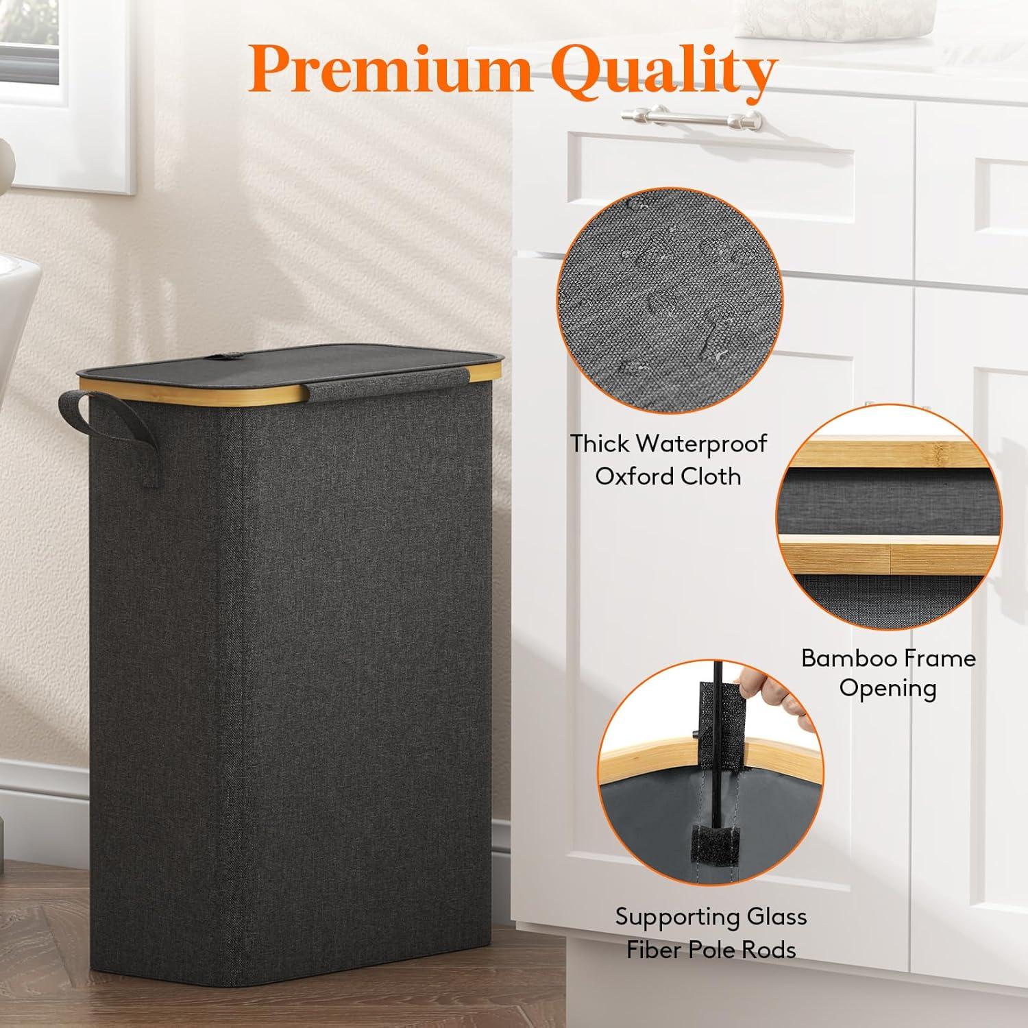 image:imageLifewit 65L Slim Laundry Hamper with Lid Narrow Laundry Basket with Removable Bag amp Bamboo Handles Fodable Thin Dirty Clothes Hamper for Laundry Collapsible Bin for Bathroom Bedroom Dorm Dark GrayDark Gray
