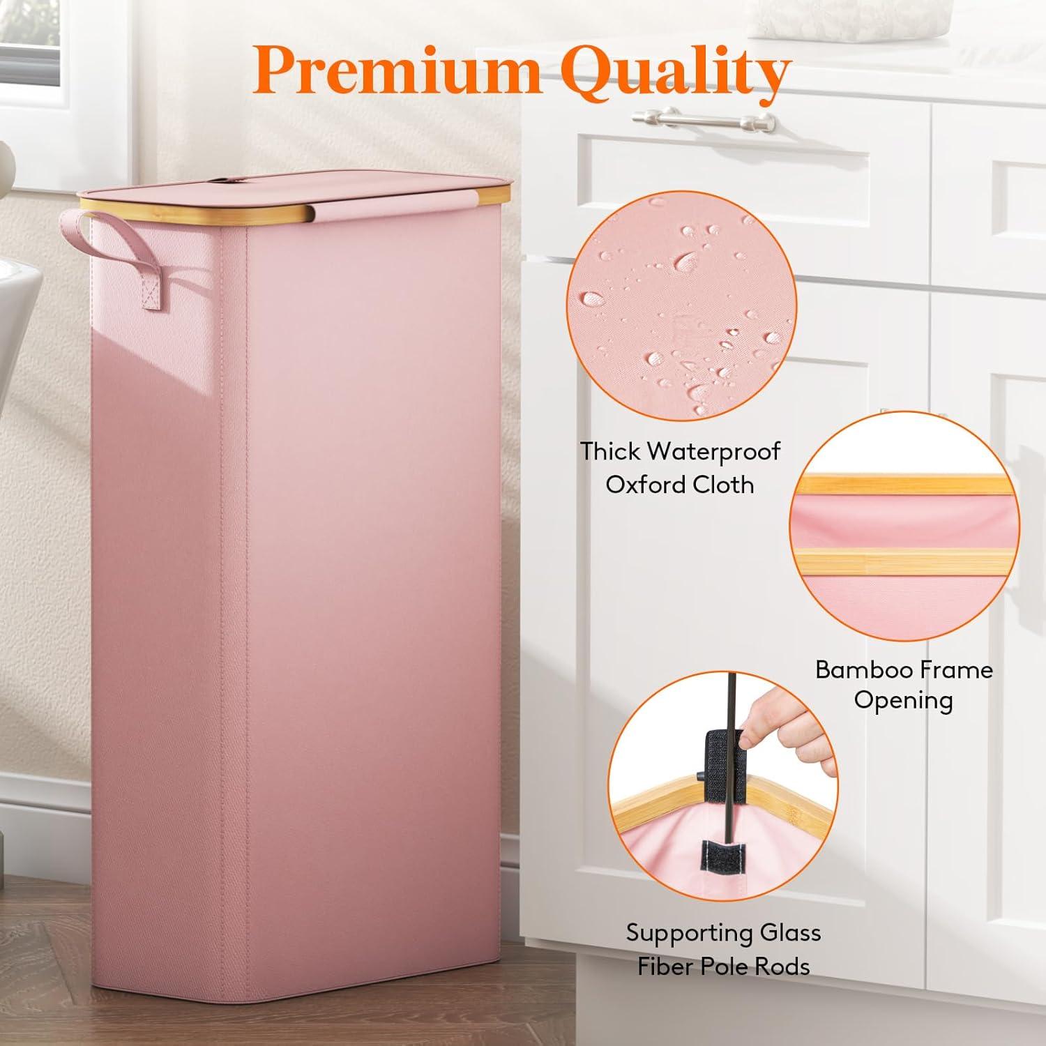 image:imageLifewit 65L Slim Laundry Hamper with Lid Narrow Laundry Basket with Removable Bag amp Bamboo Handles Fodable Thin Dirty Clothes Hamper for Laundry Collapsible Bin for Bathroom Bedroom Dorm Dark GrayPink