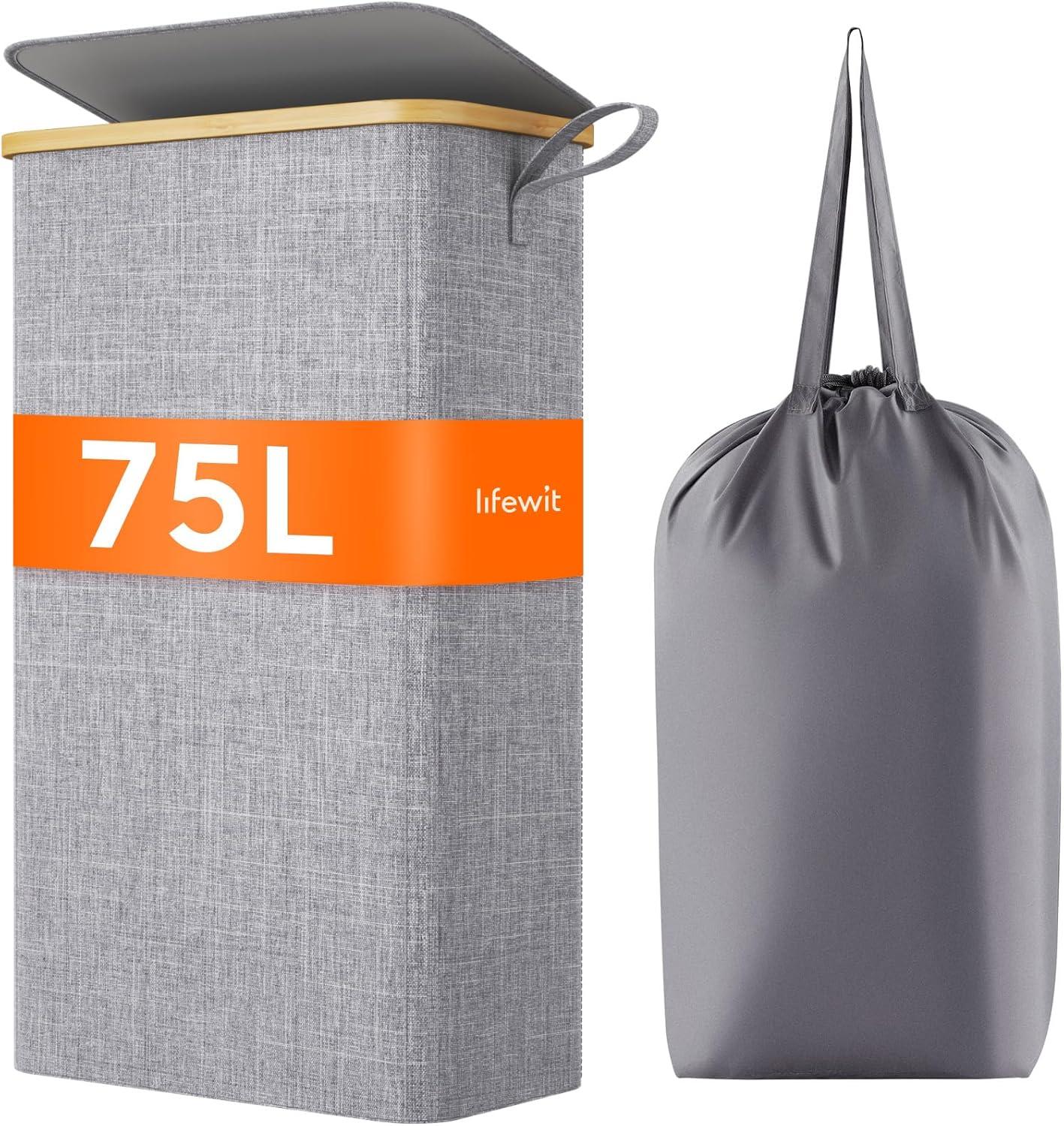 image:imageLifewit 65L Slim Laundry Hamper with Lid Narrow Laundry Basket with Removable Bag amp Bamboo Handles Fodable Thin Dirty Clothes Hamper for Laundry Collapsible Bin for Bathroom Bedroom Dorm Dark GrayGray