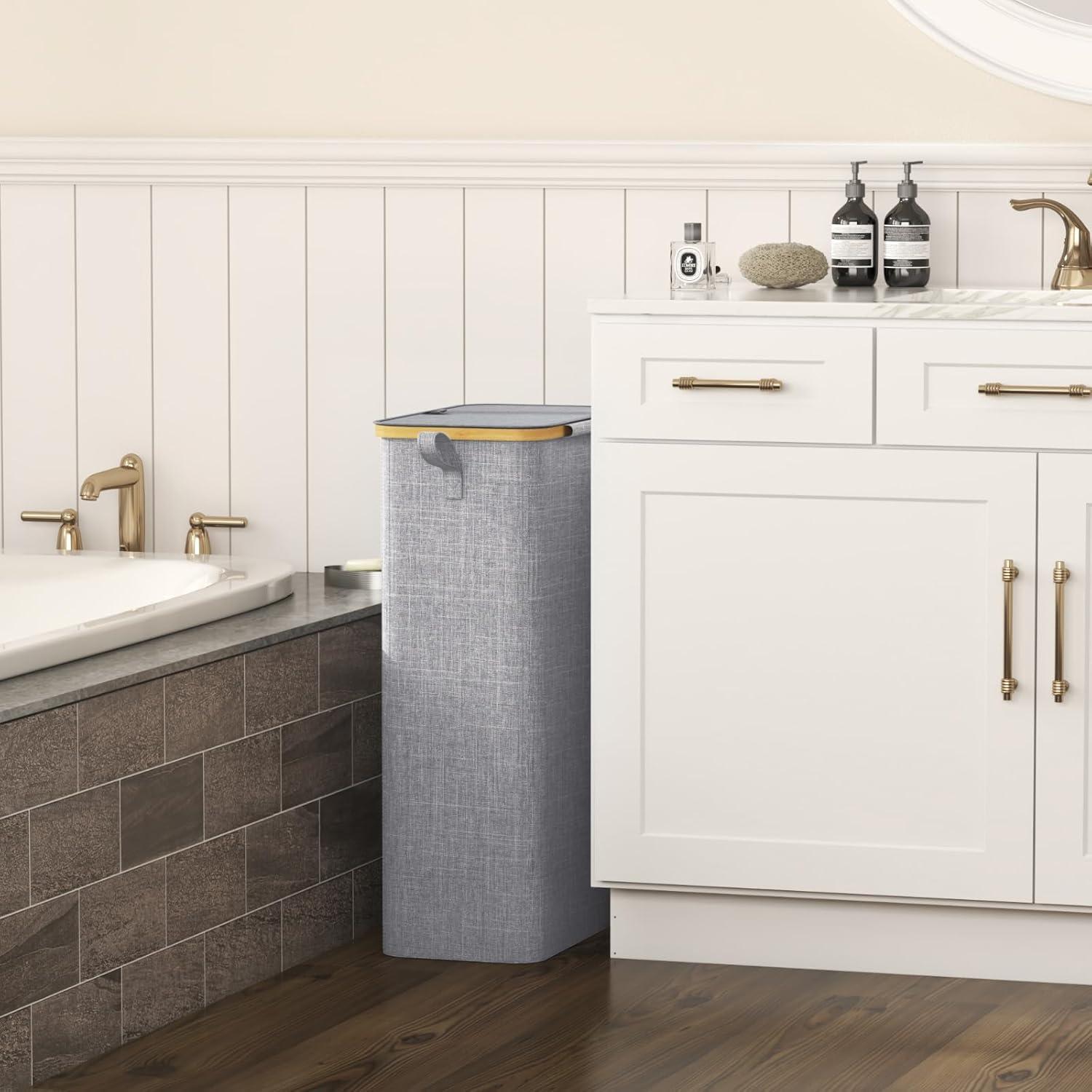 image:imageLifewit 65L Slim Laundry Hamper with Lid Narrow Laundry Basket with Removable Bag amp Bamboo Handles Fodable Thin Dirty Clothes Hamper for Laundry Collapsible Bin for Bathroom Bedroom Dorm Dark GrayGray