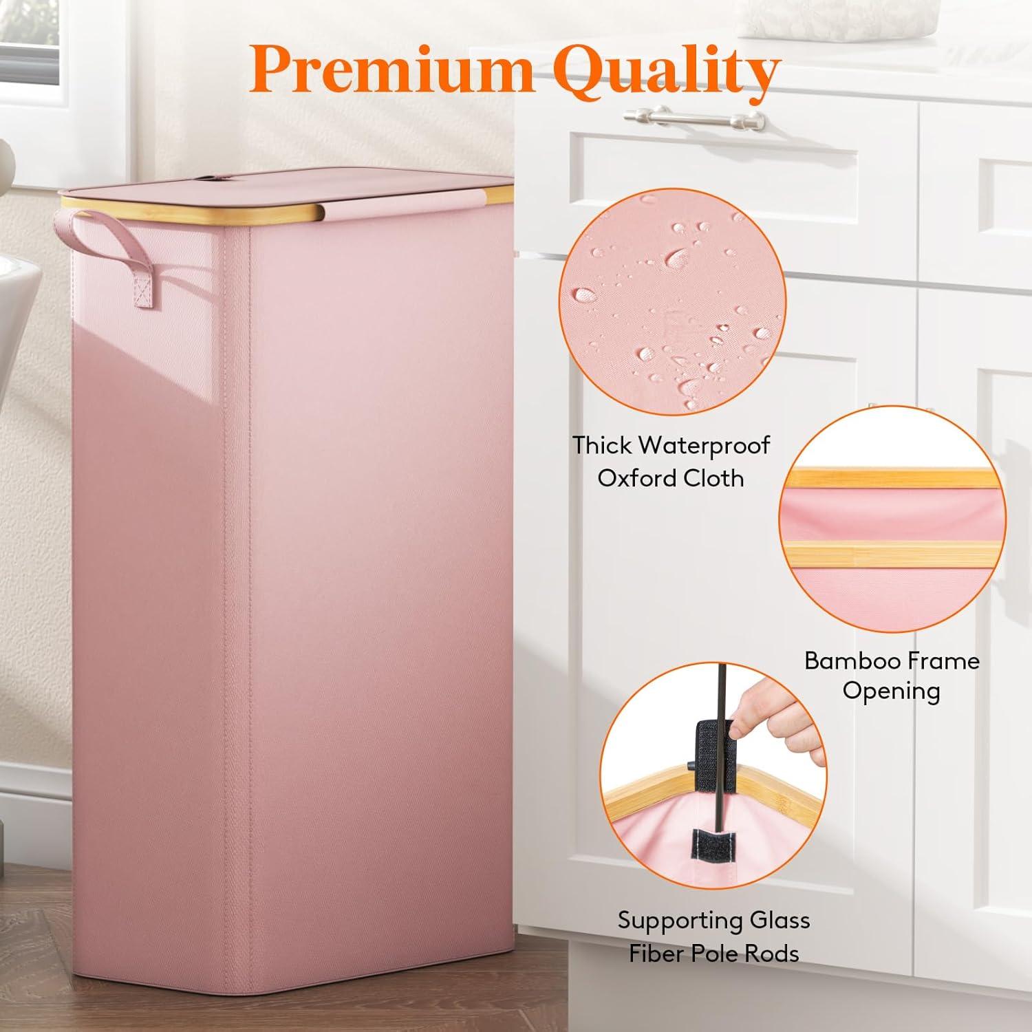 image:imageLifewit 65L Slim Laundry Hamper with Lid Narrow Laundry Basket with Removable Bag amp Bamboo Handles Fodable Thin Dirty Clothes Hamper for Laundry Collapsible Bin for Bathroom Bedroom Dorm Dark GrayPink
