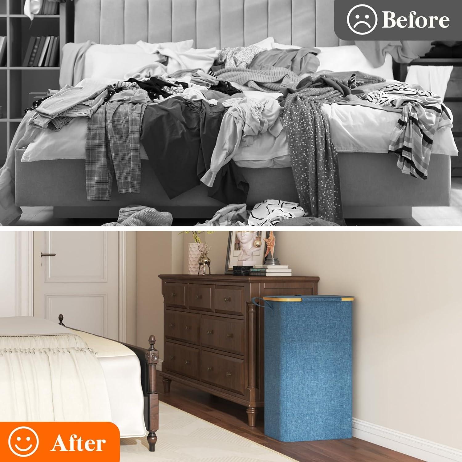 image:imageLifewit 65L Slim Laundry Hamper with Lid Narrow Laundry Basket with Removable Bag amp Bamboo Handles Fodable Thin Dirty Clothes Hamper for Laundry Collapsible Bin for Bathroom Bedroom Dorm Dark GrayDark Blue