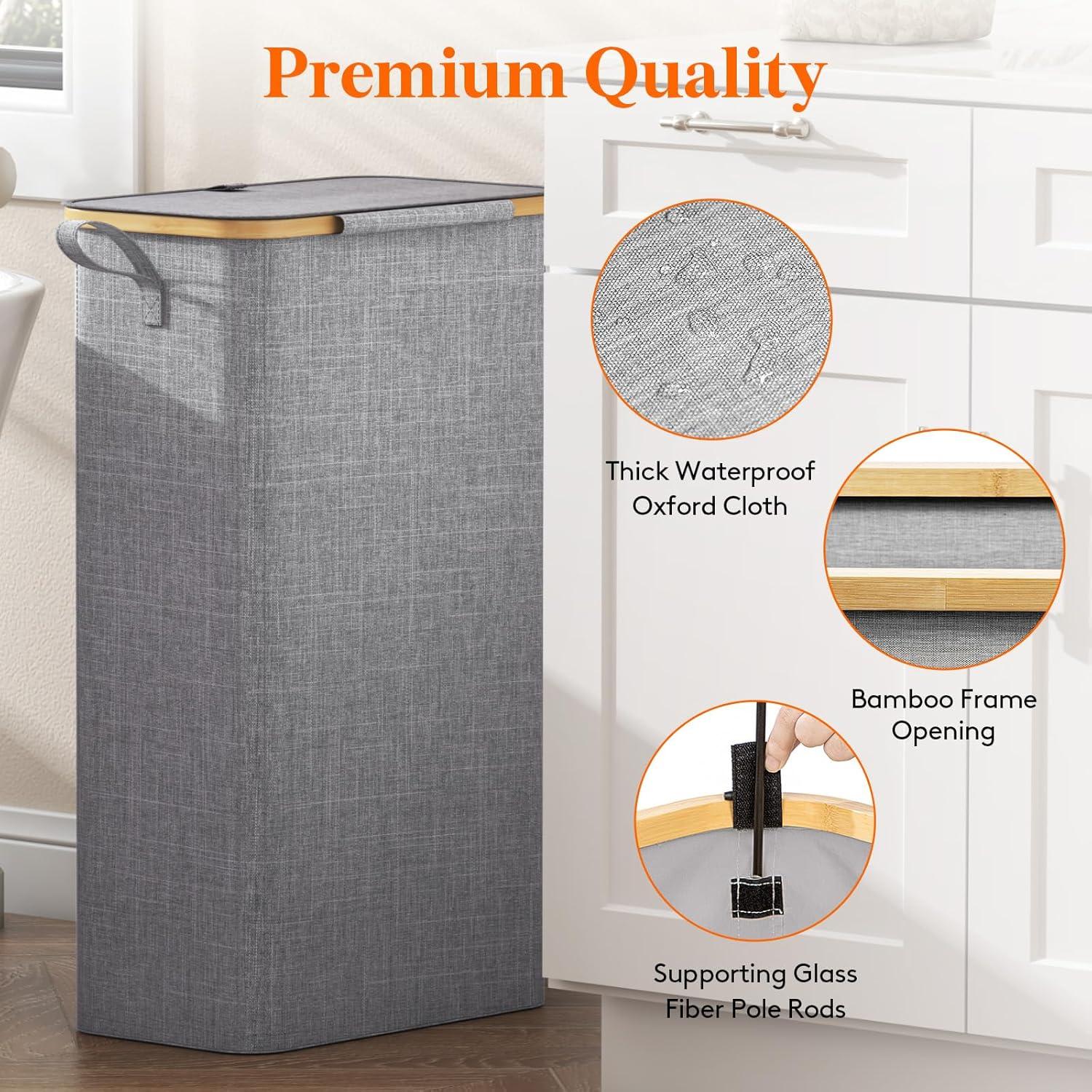 image:imageLifewit 65L Slim Laundry Hamper with Lid Narrow Laundry Basket with Removable Bag amp Bamboo Handles Fodable Thin Dirty Clothes Hamper for Laundry Collapsible Bin for Bathroom Bedroom Dorm Dark GrayGray
