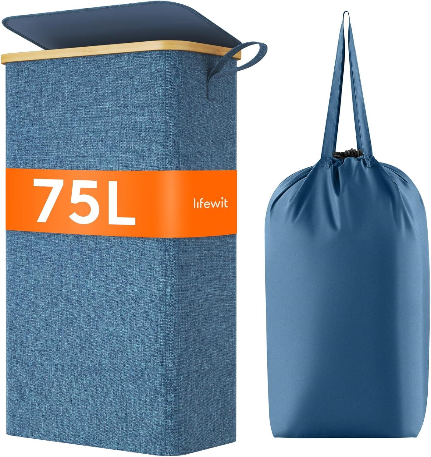 image:imageLifewit 65L Slim Laundry Hamper with Lid Narrow Laundry Basket with Removable Bag amp Bamboo Handles Fodable Thin Dirty Clothes Hamper for Laundry Collapsible Bin for Bathroom Bedroom Dorm Dark GrayDark Blue