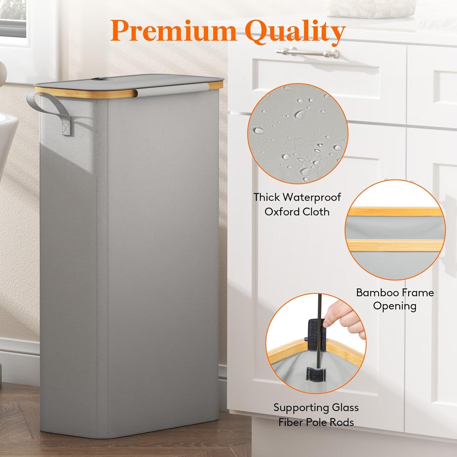 image:imageLifewit 65L Slim Laundry Hamper with Lid Narrow Laundry Basket with Removable Bag amp Bamboo Handles Fodable Thin Dirty Clothes Hamper for Laundry Collapsible Bin for Bathroom Bedroom Dorm Dark GraySilver Grey