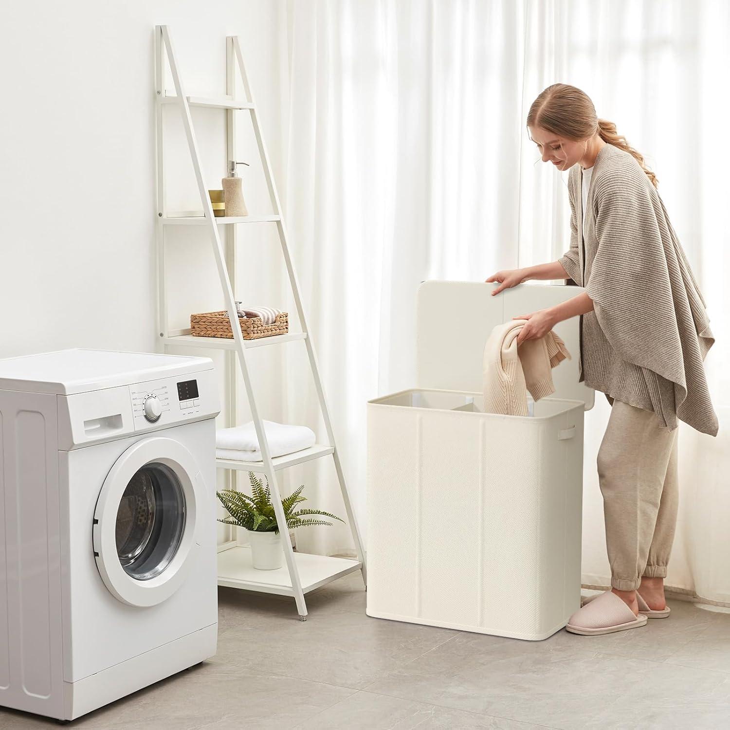 image:imageLifewit Double Laundry Hamper with Lid and Removable Laundry Bags Large Collapsible 2 Dividers Dirty Clothes Basket with Handles for Bedroom Laundry Room Closet Bathroom College 136L GrayWhite
