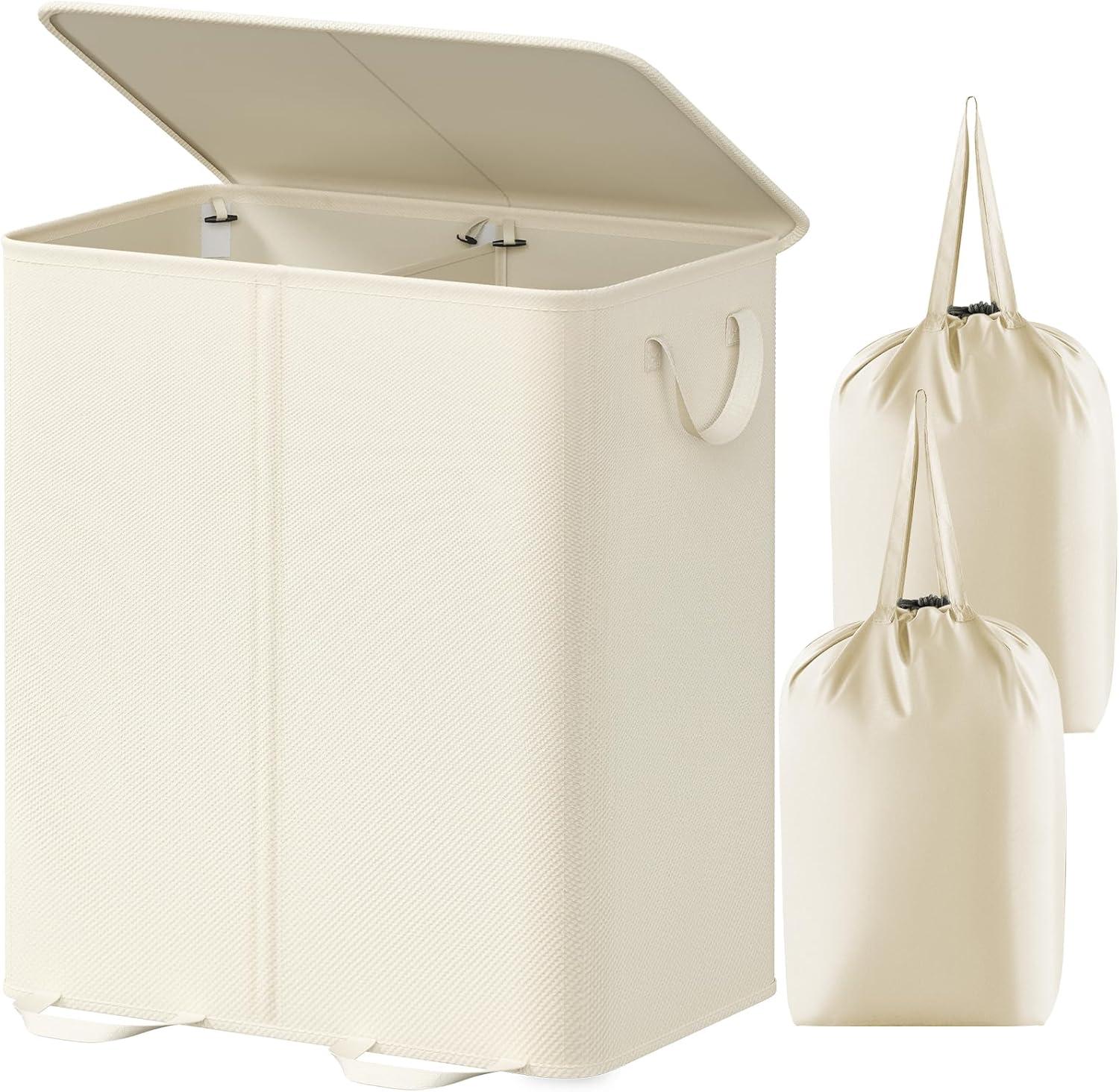 image:imageLifewit Double Laundry Hamper with Lid and Removable Laundry Bags Large Collapsible 2 Dividers Dirty Clothes Basket with Handles for Bedroom Laundry Room Closet Bathroom College 136L GrayIvory White