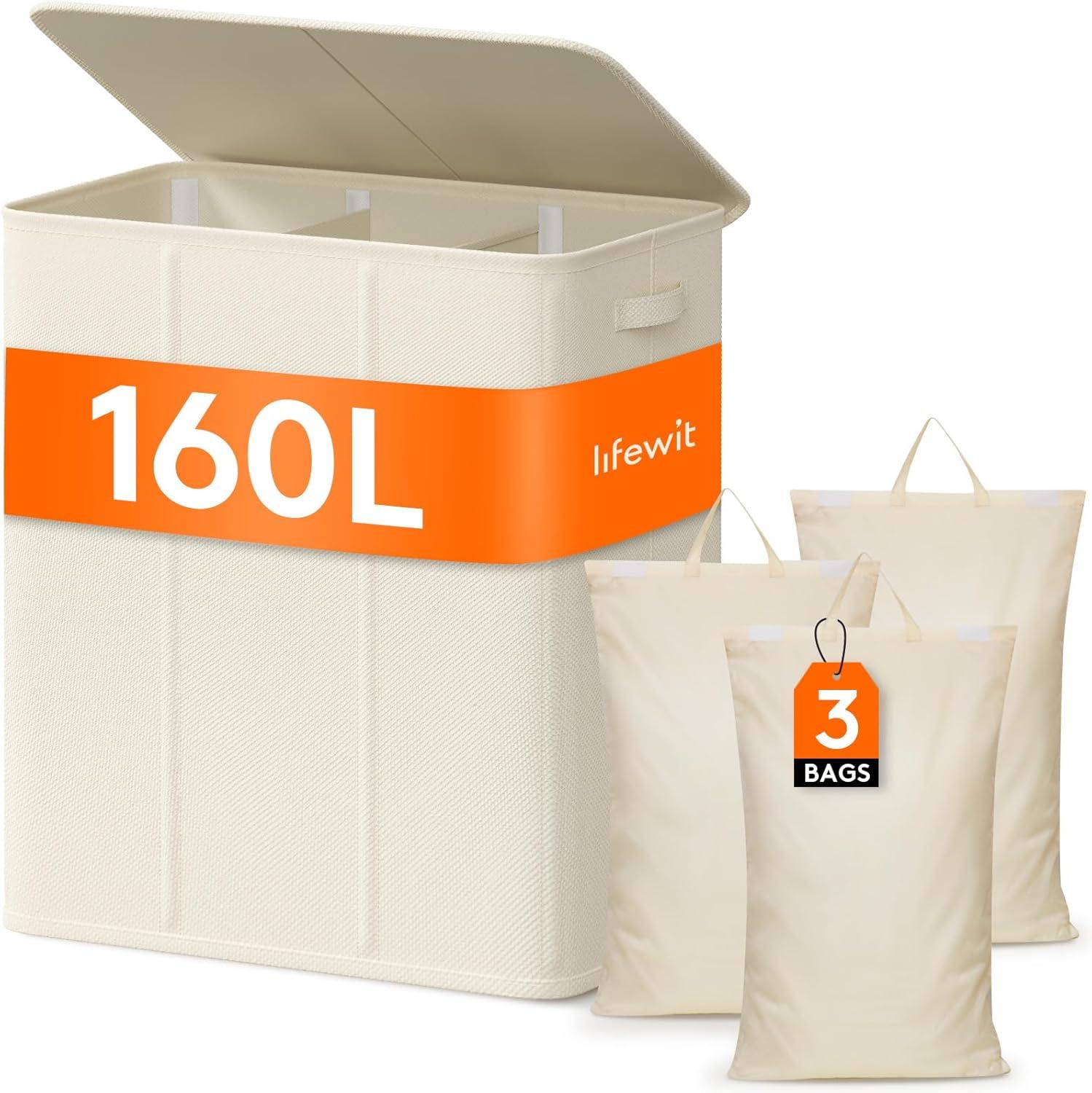 image:imageLifewit Double Laundry Hamper with Lid and Removable Laundry Bags Large Collapsible 2 Dividers Dirty Clothes Basket with Handles for Bedroom Laundry Room Closet Bathroom College 136L GrayWhite