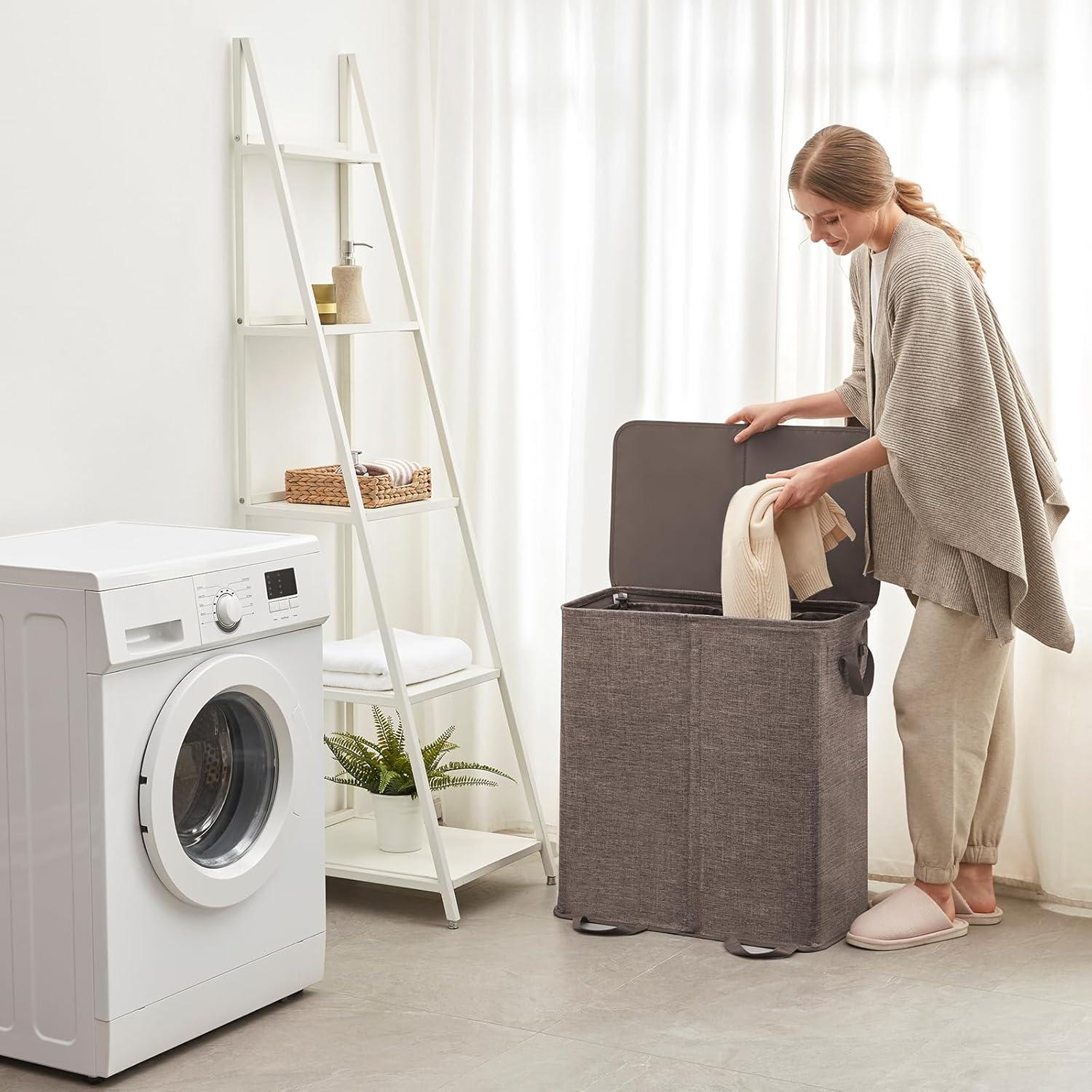 image:imageLifewit Double Laundry Hamper with Lid and Removable Laundry Bags Large Collapsible 2 Dividers Dirty Clothes Basket with Handles for Bedroom Laundry Room Closet Bathroom College 136L GrayBrown