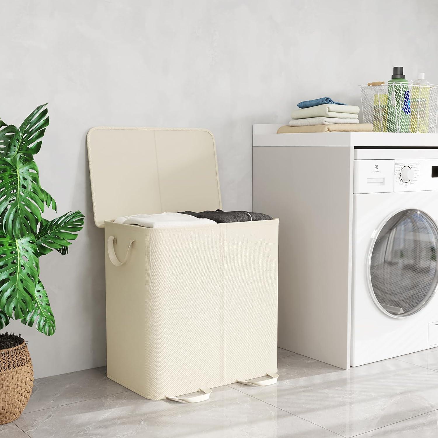 image:imageLifewit Double Laundry Hamper with Lid and Removable Laundry Bags Large Collapsible 2 Dividers Dirty Clothes Basket with Handles for Bedroom Laundry Room Closet Bathroom College 136L GrayIvory White