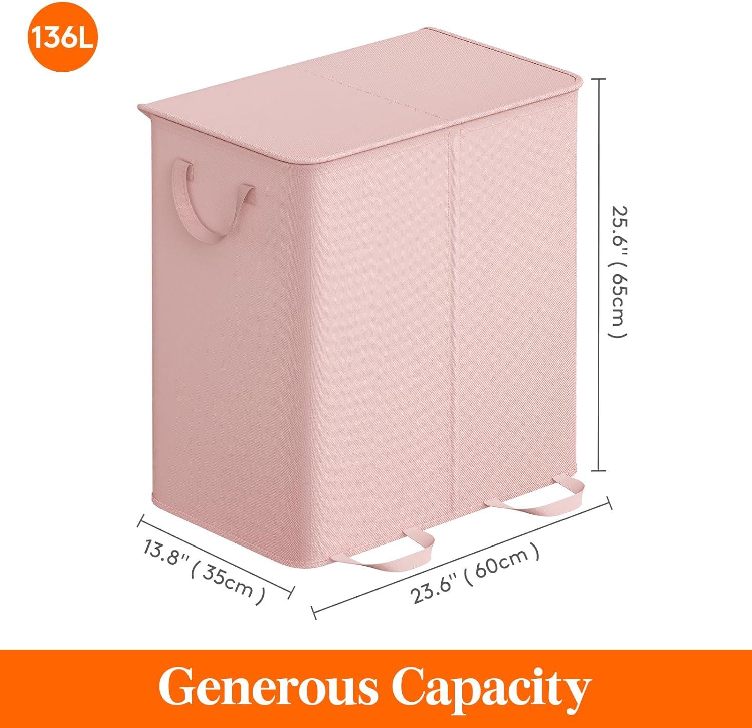image:imageLifewit Double Laundry Hamper with Lid and Removable Laundry Bags Large Collapsible 2 Dividers Dirty Clothes Basket with Handles for Bedroom Laundry Room Closet Bathroom College 136L GrayPink