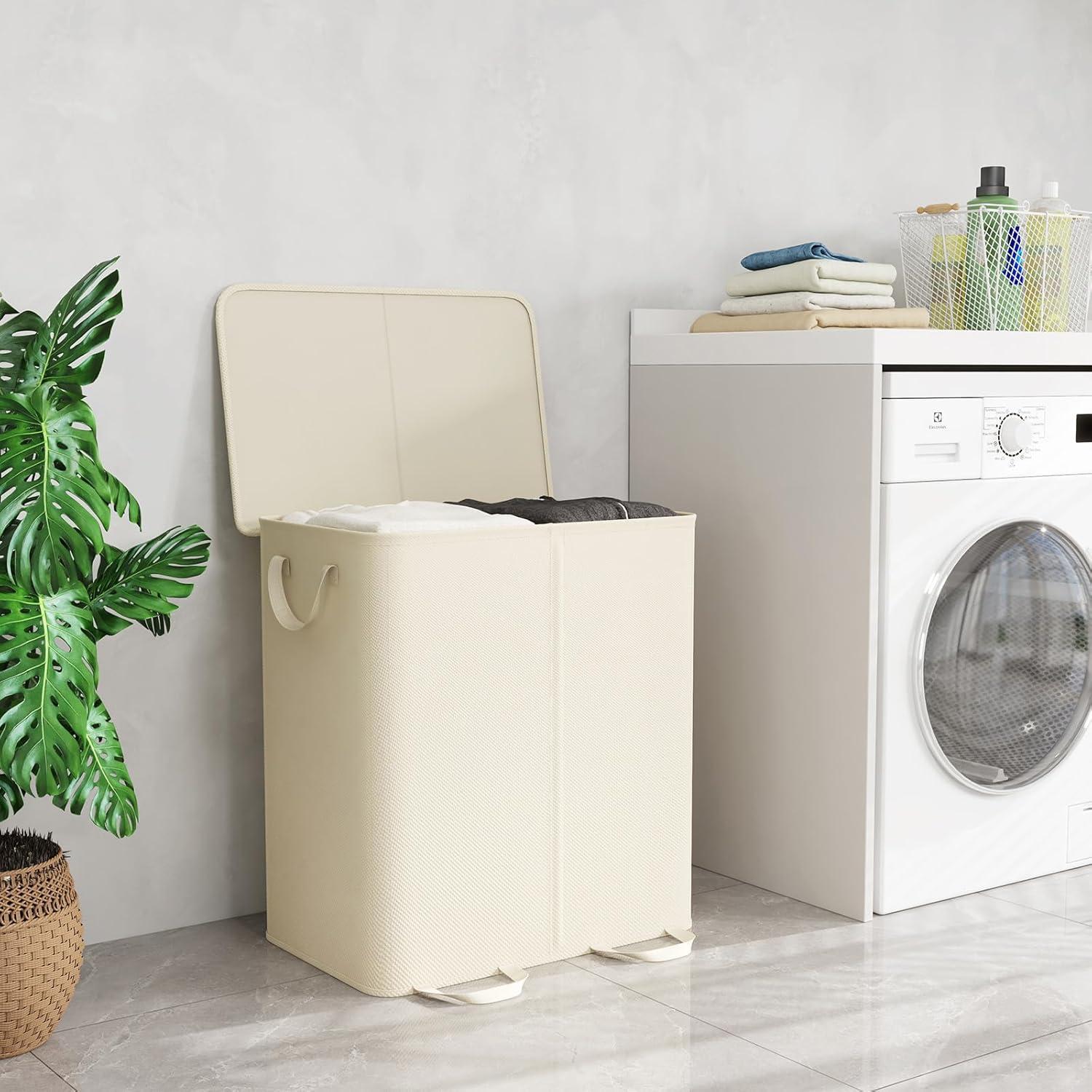 image:imageLifewit Double Laundry Hamper with Lid and Removable Laundry Bags Large Collapsible 2 Dividers Dirty Clothes Basket with Handles for Bedroom Laundry Room Closet Bathroom College 136L GrayIvory White