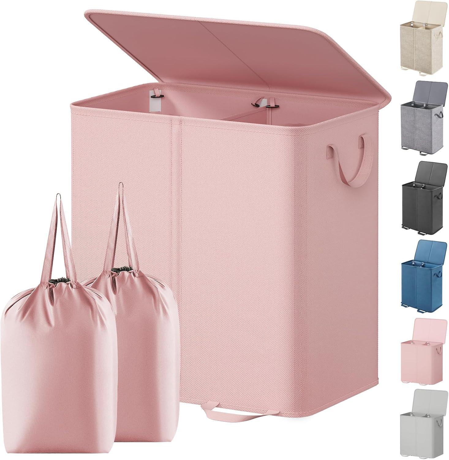 image:imageLifewit Double Laundry Hamper with Lid and Removable Laundry Bags Large Collapsible 2 Dividers Dirty Clothes Basket with Handles for Bedroom Laundry Room Closet Bathroom College 136L GrayPink