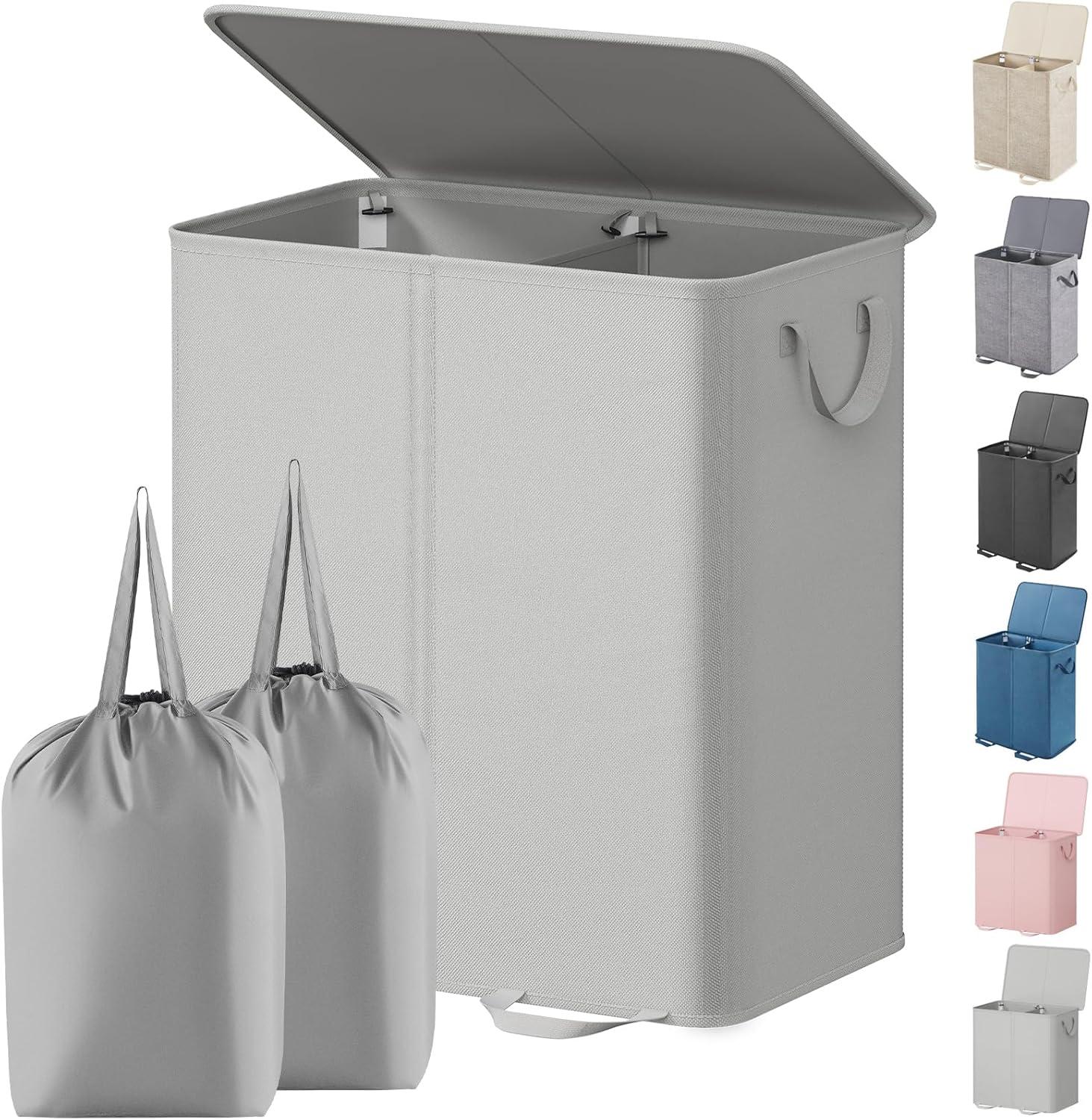 image:imageLifewit Double Laundry Hamper with Lid and Removable Laundry Bags Large Collapsible 2 Dividers Dirty Clothes Basket with Handles for Bedroom Laundry Room Closet Bathroom College 136L GraySilver Gray