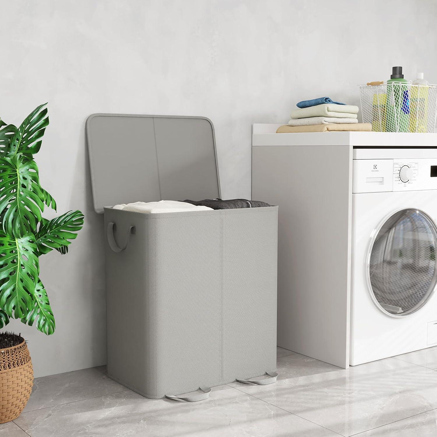 image:imageLifewit Double Laundry Hamper with Lid and Removable Laundry Bags Large Collapsible 2 Dividers Dirty Clothes Basket with Handles for Bedroom Laundry Room Closet Bathroom College 136L GraySilver Gray