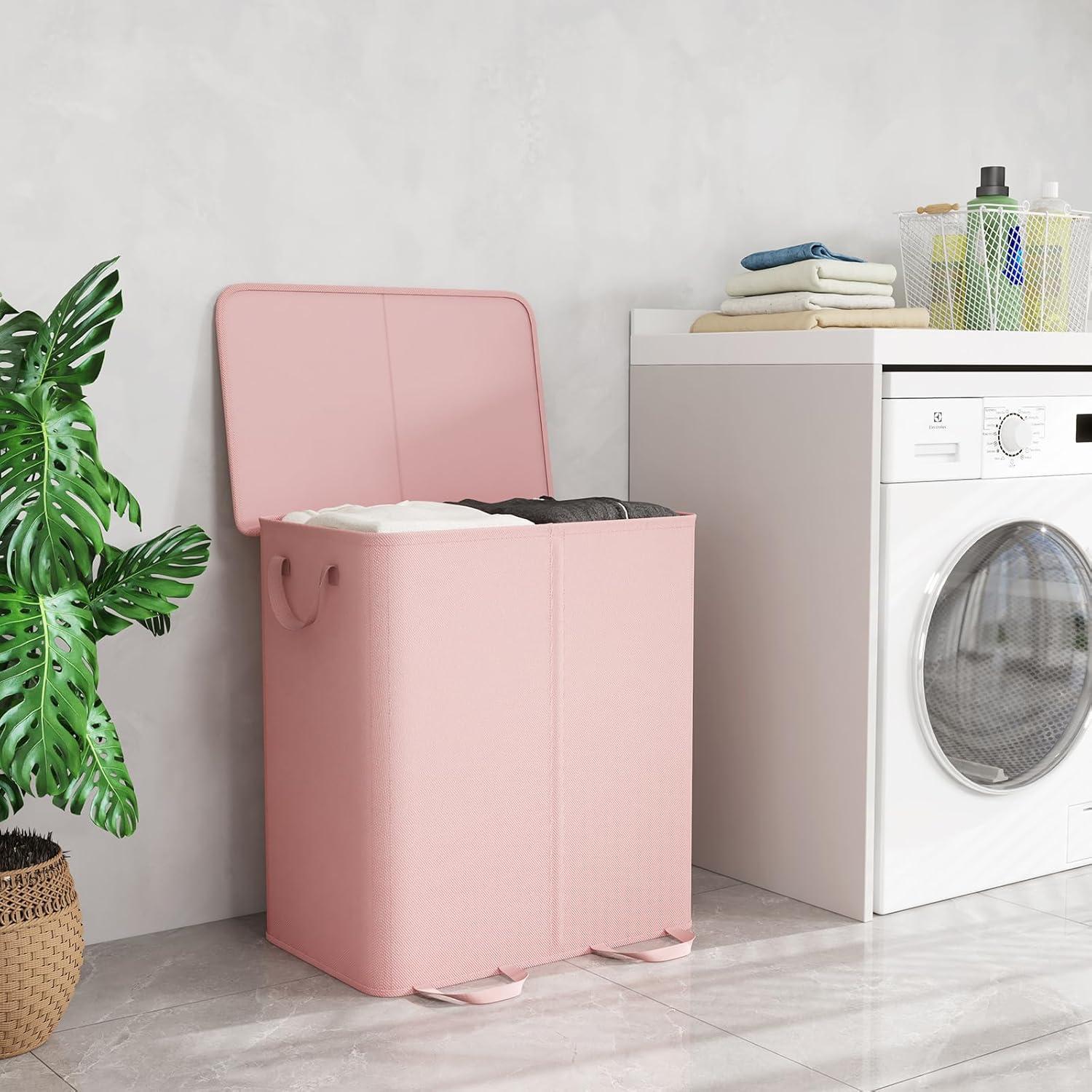image:imageLifewit Double Laundry Hamper with Lid and Removable Laundry Bags Large Collapsible 2 Dividers Dirty Clothes Basket with Handles for Bedroom Laundry Room Closet Bathroom College 136L GrayPink
