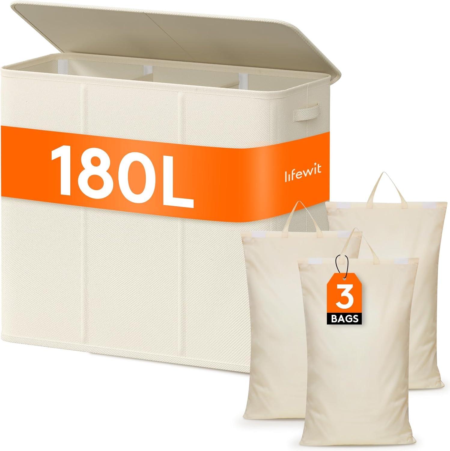 image:imageLifewit Double Laundry Hamper with Lid and Removable Laundry Bags Large Collapsible 2 Dividers Dirty Clothes Basket with Handles for Bedroom Laundry Room Closet Bathroom College 136L GrayWhite