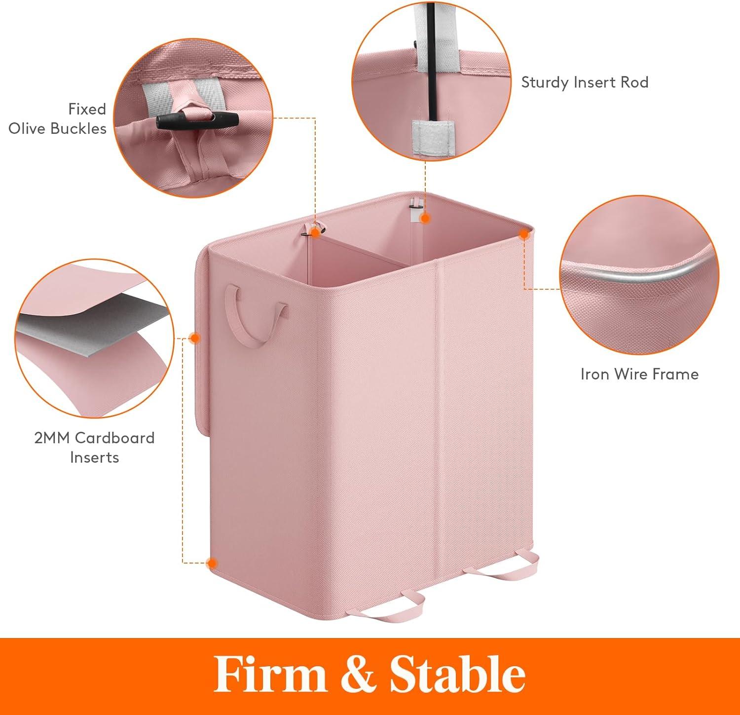 image:imageLifewit Double Laundry Hamper with Lid and Removable Laundry Bags Large Collapsible 2 Dividers Dirty Clothes Basket with Handles for Bedroom Laundry Room Closet Bathroom College 136L GrayPink