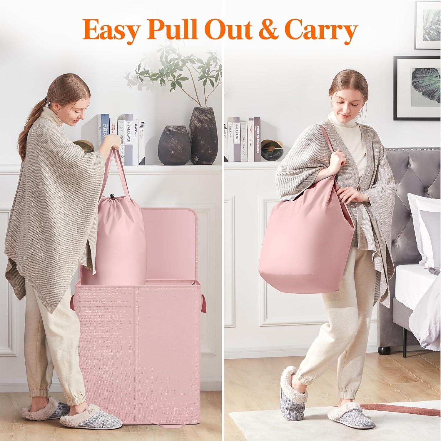 image:imageLifewit Double Laundry Hamper with Lid and Removable Laundry Bags Large Collapsible 2 Dividers Dirty Clothes Basket with Handles for Bedroom Laundry Room Closet Bathroom College 136L GrayPink