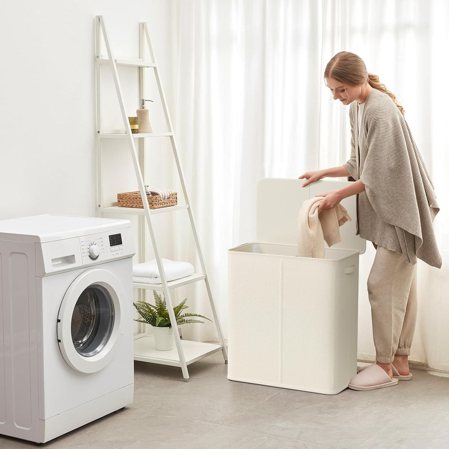 image:imageLifewit Double Laundry Hamper with Lid and Removable Laundry Bags Large Collapsible 2 Dividers Dirty Clothes Basket with Handles for Bedroom Laundry Room Closet Bathroom College 136L GrayWhite