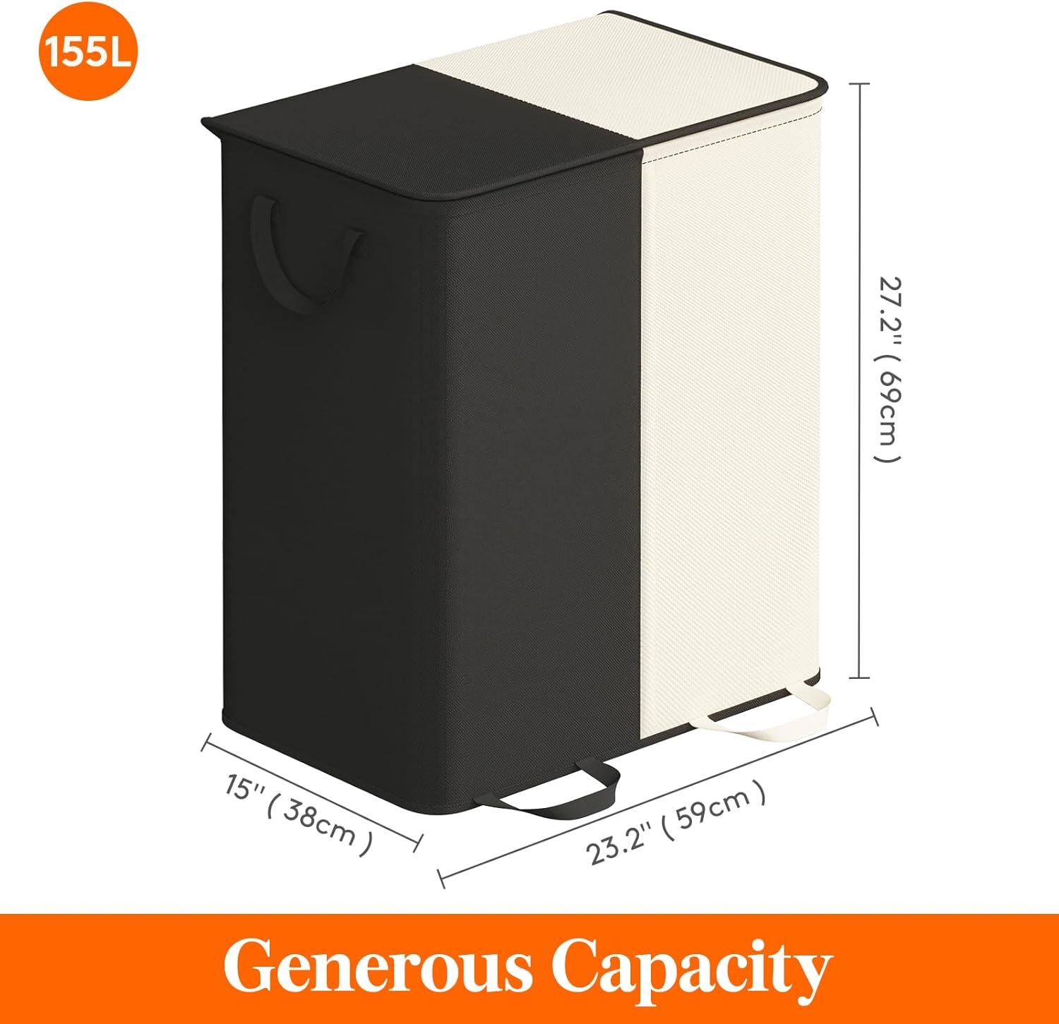 image:imageLifewit Double Laundry Hamper with Lid and Removable Laundry Bags Large Collapsible 2 Dividers Dirty Clothes Basket with Handles for Bedroom Laundry Room Closet Bathroom College 136L GrayWhiteblack