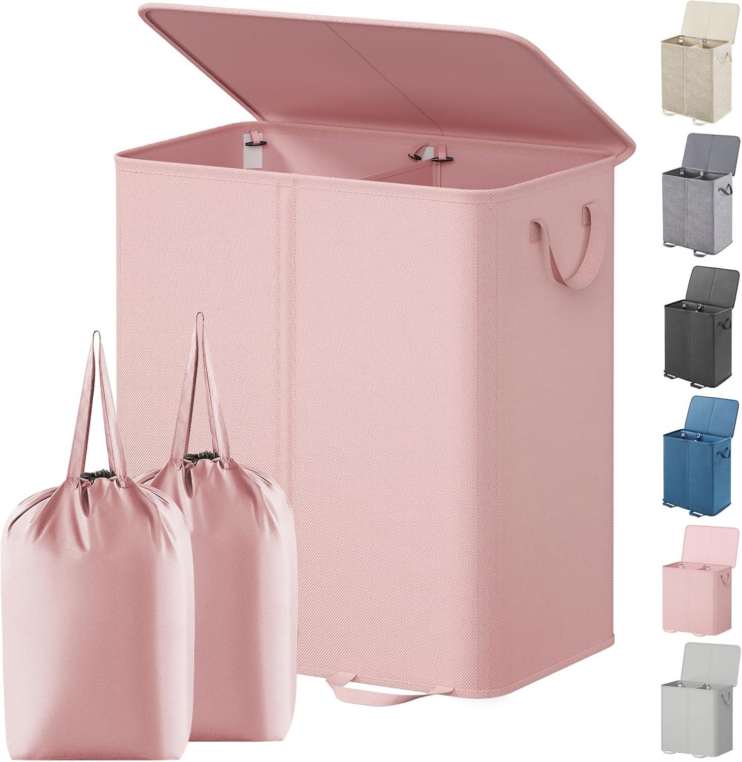 image:imageLifewit Double Laundry Hamper with Lid and Removable Laundry Bags Large Collapsible 2 Dividers Dirty Clothes Basket with Handles for Bedroom Laundry Room Closet Bathroom College 136L GrayPink