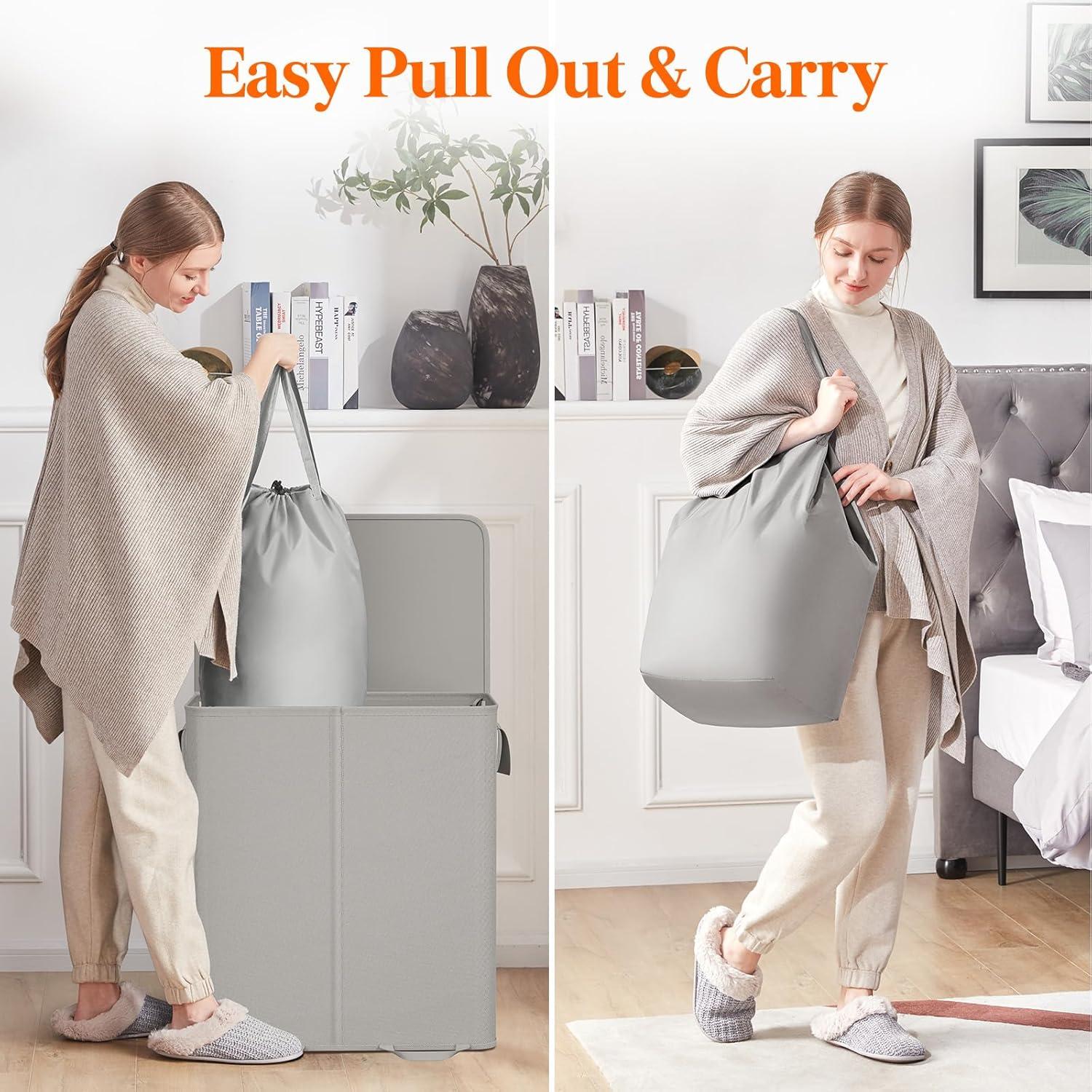 image:imageLifewit Double Laundry Hamper with Lid and Removable Laundry Bags Large Collapsible 2 Dividers Dirty Clothes Basket with Handles for Bedroom Laundry Room Closet Bathroom College 136L GraySilver Gray