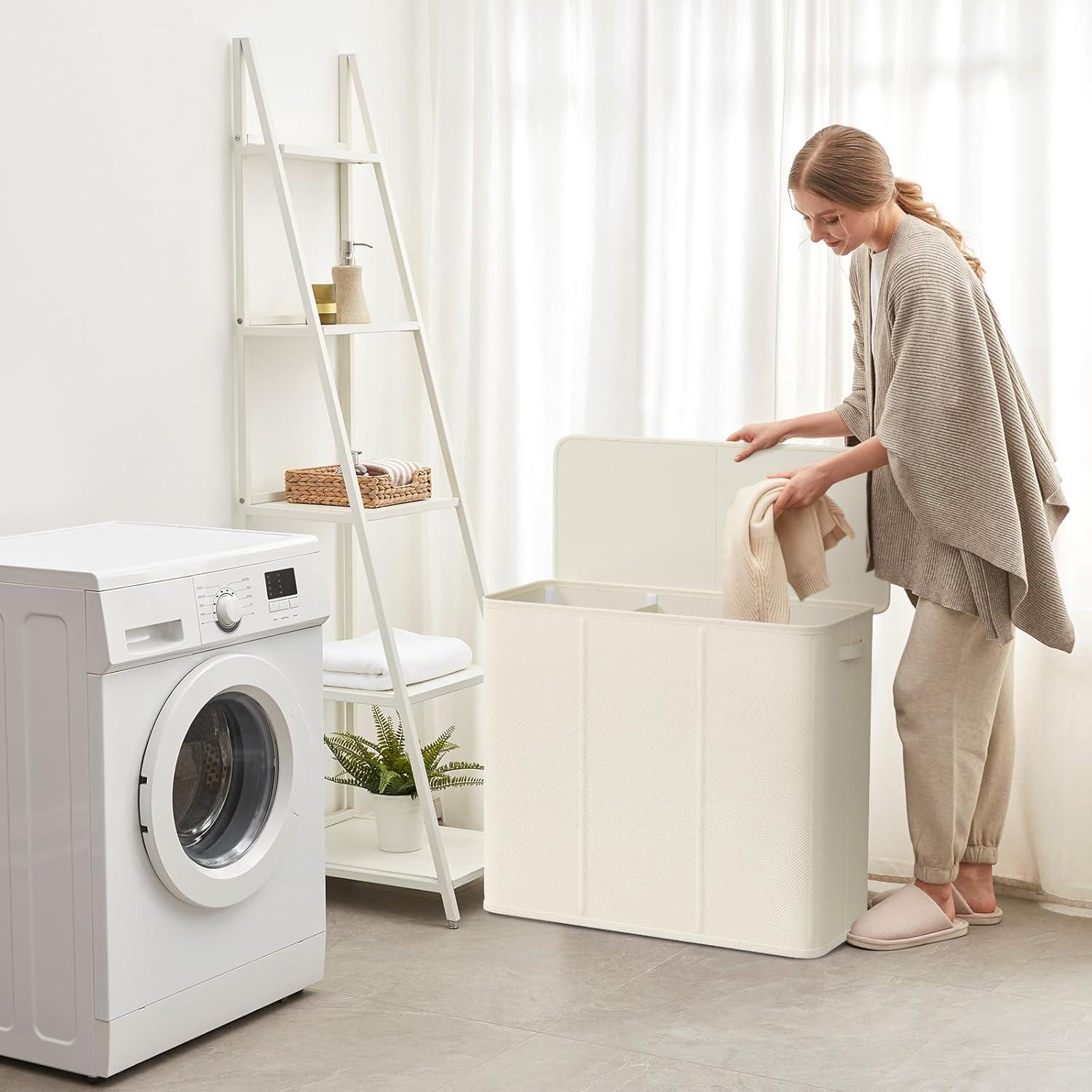 image:imageLifewit Double Laundry Hamper with Lid and Removable Laundry Bags Large Collapsible 2 Dividers Dirty Clothes Basket with Handles for Bedroom Laundry Room Closet Bathroom College 136L GrayWhite